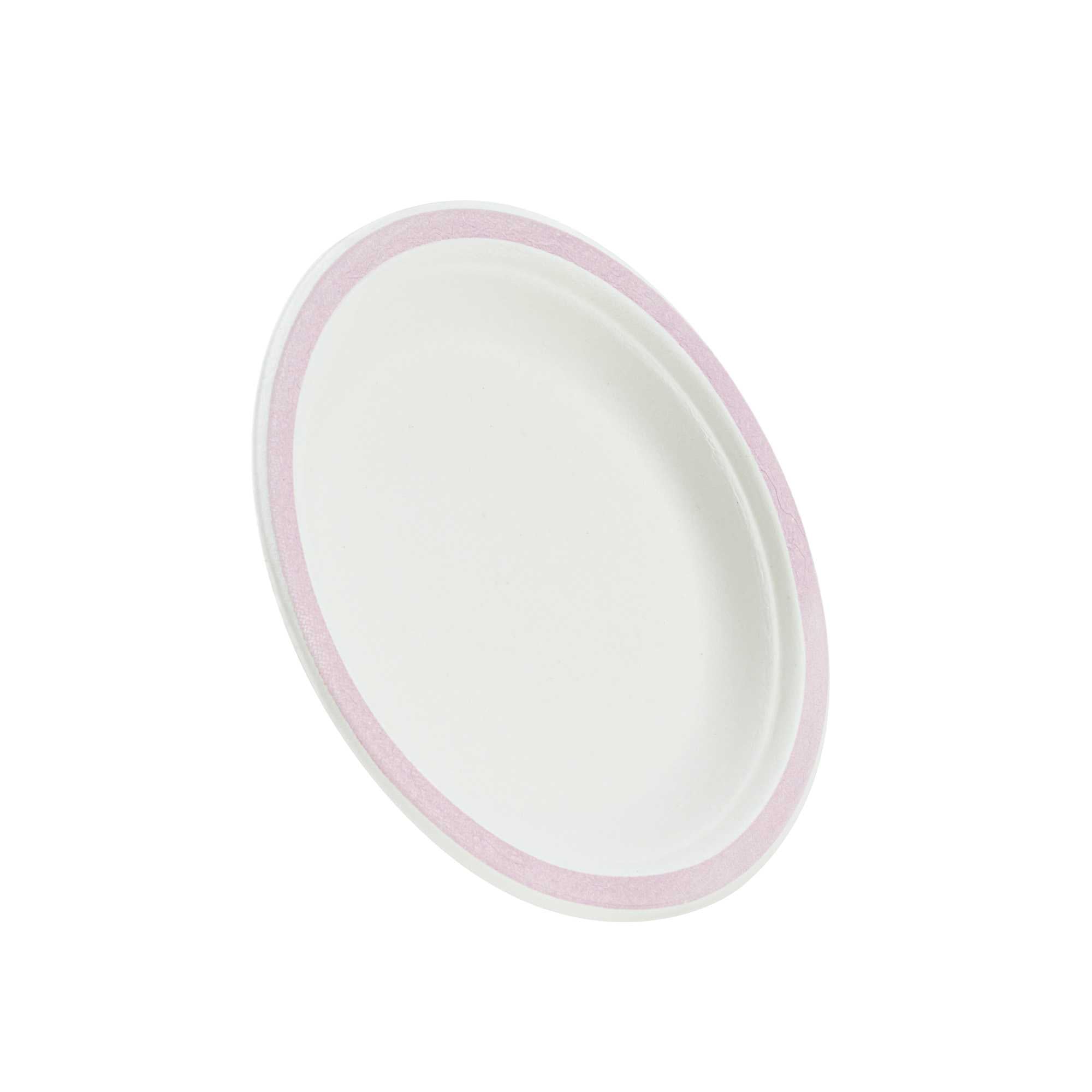 Pulp Safe No PFAS Added Round White Sugarcane / Bagasse Plate - Home Compostable, with Pink Rim - 6" x 6" - 100 count box
