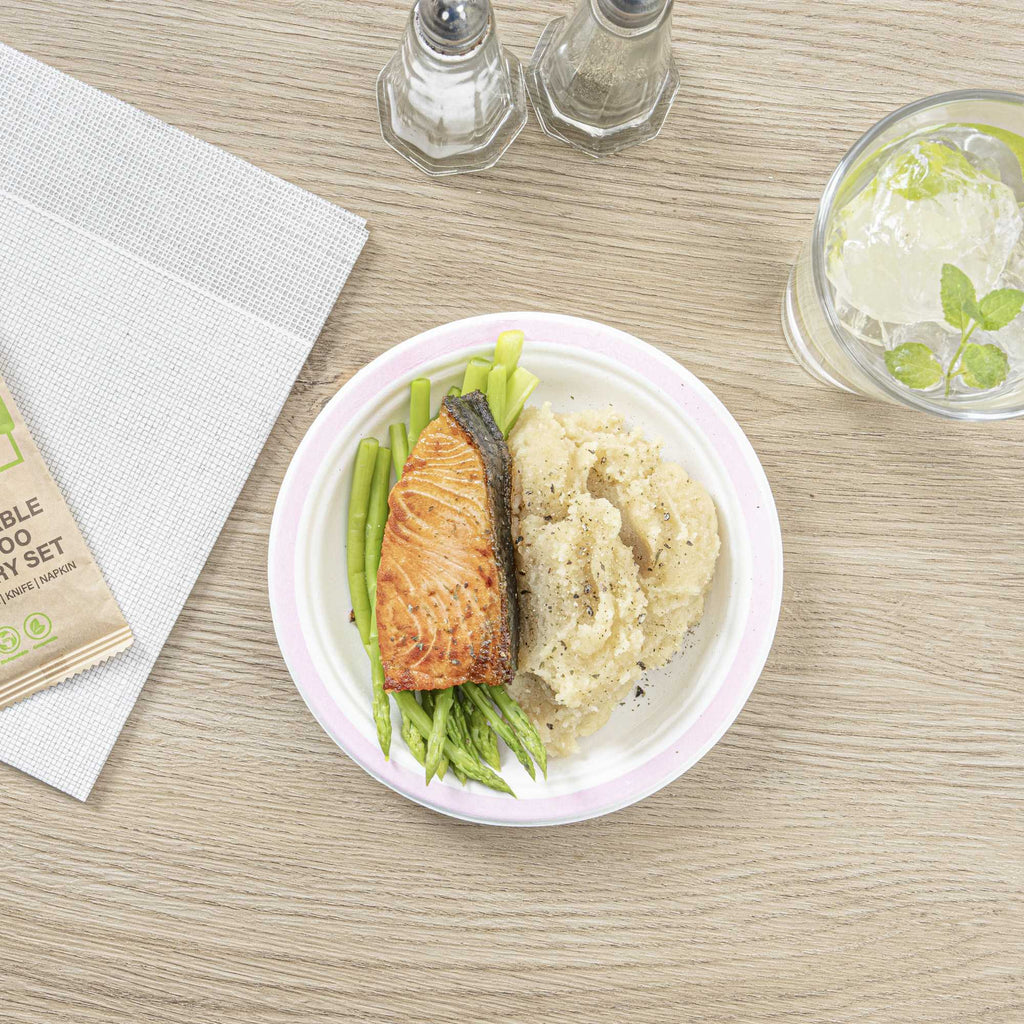 Pulp Safe No PFAS Added Round White Sugarcane / Bagasse Plate - Home Compostable, with Pink Rim - 6" x 6" - 100 count box