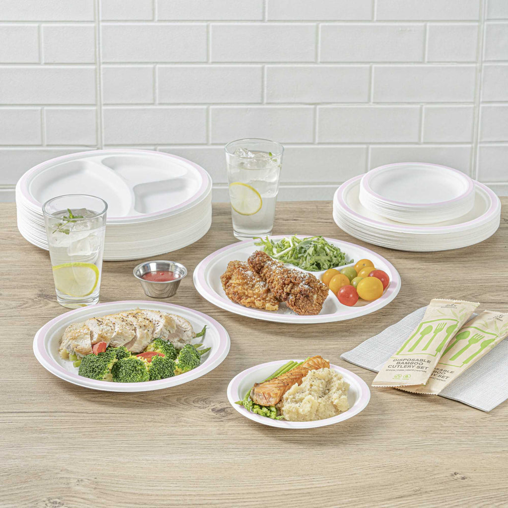 Pulp Safe No PFAS Added Round White Sugarcane / Bagasse Plate - Home Compostable, with Pink Rim - 6" x 6" - 100 count box
