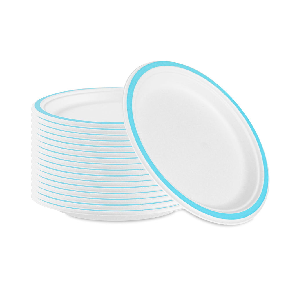 Pulp Safe No PFAS Added Round White Sugarcane / Bagasse Plate - Home Compostable, with Blue Rim - 8 3/4" x 8 3/4" - 100 count box