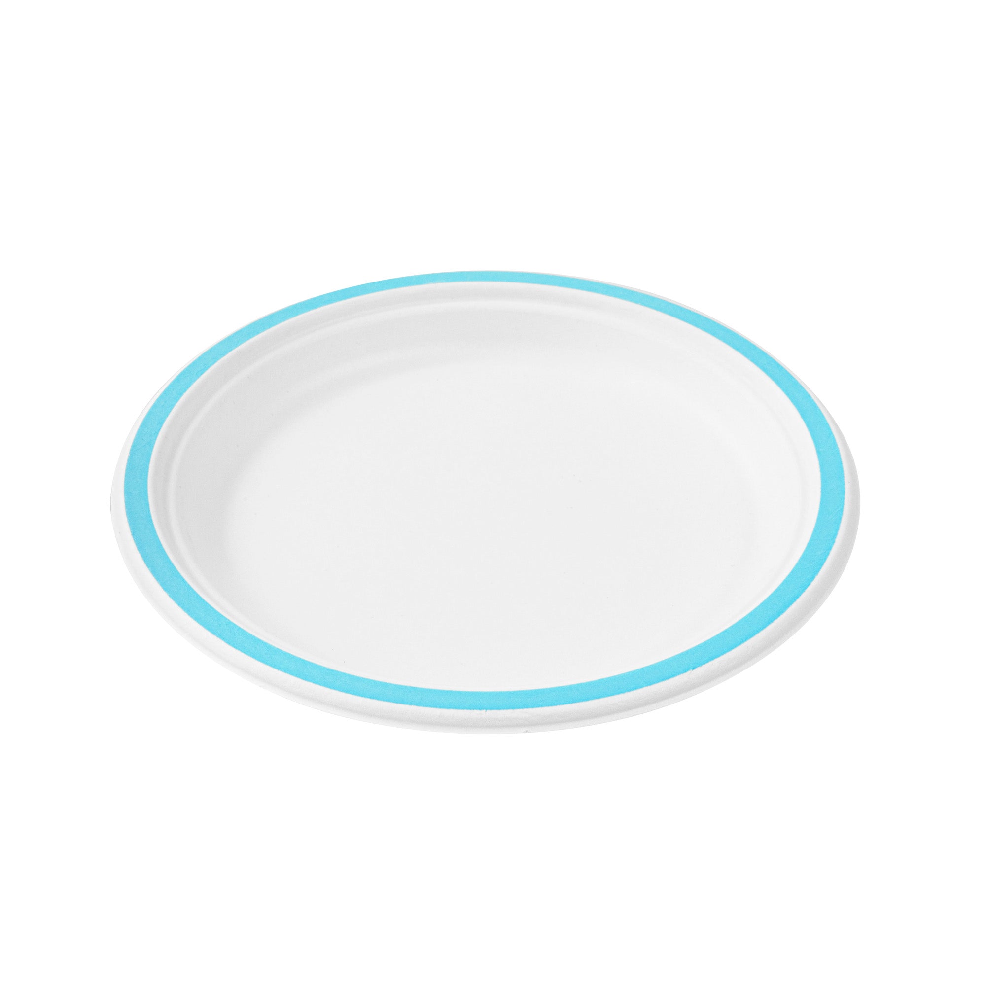 Pulp Safe No PFAS Added Round White Sugarcane / Bagasse Plate - Home Compostable, with Blue Rim - 8 3/4" x 8 3/4" - 100 count box