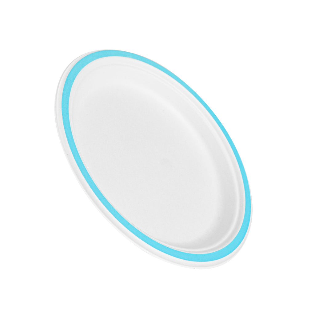 Pulp Safe No PFAS Added Round White Sugarcane / Bagasse Plate - Home Compostable, with Blue Rim - 8 3/4" x 8 3/4" - 100 count box