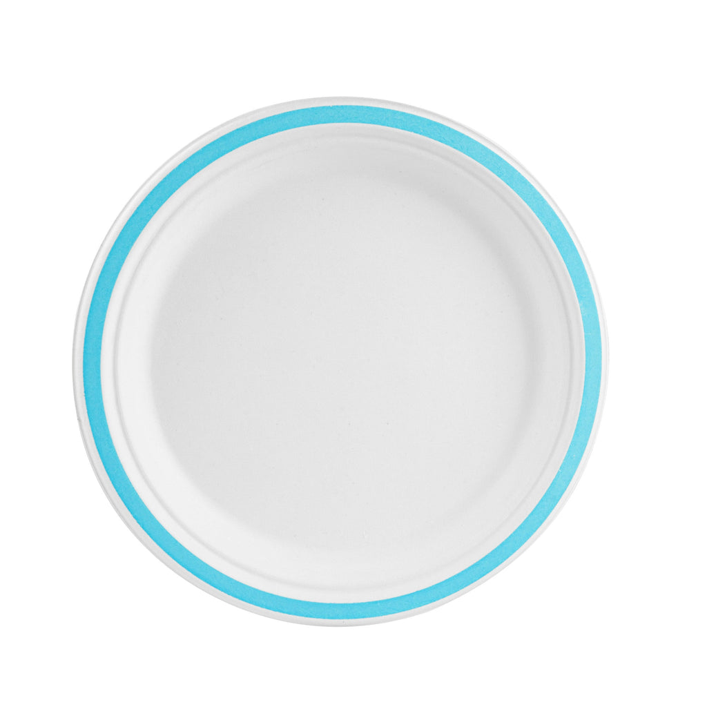 Pulp Safe No PFAS Added Round White Sugarcane / Bagasse Plate - Home Compostable, with Blue Rim - 8 3/4" x 8 3/4" - 100 count box