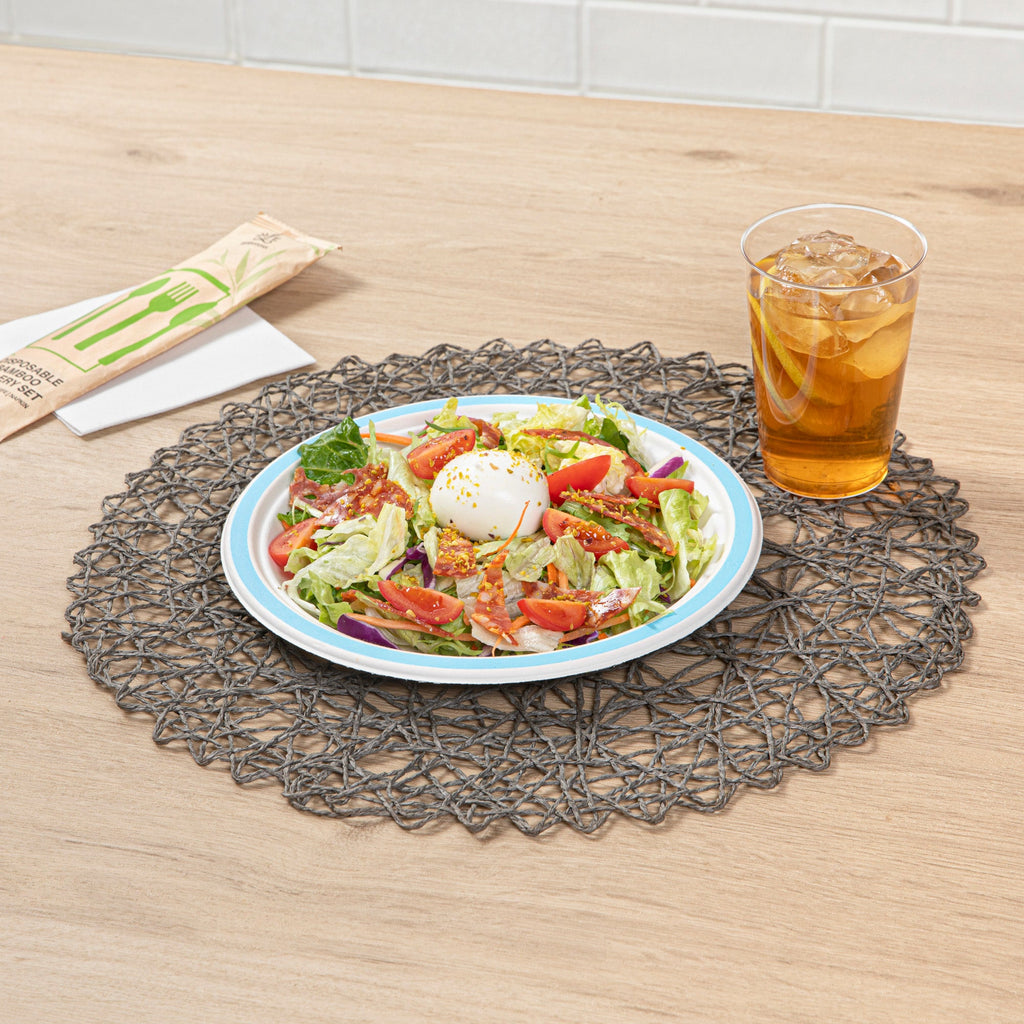 Pulp Safe No PFAS Added Round White Sugarcane / Bagasse Plate - Home Compostable, with Blue Rim - 8 3/4" x 8 3/4" - 100 count box