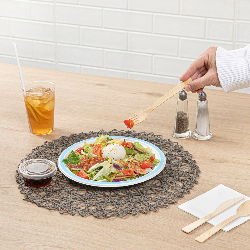 Pulp Safe No PFAS Added Round White Sugarcane / Bagasse Plate - Home Compostable, with Blue Rim - 8 3/4" x 8 3/4" - 100 count box