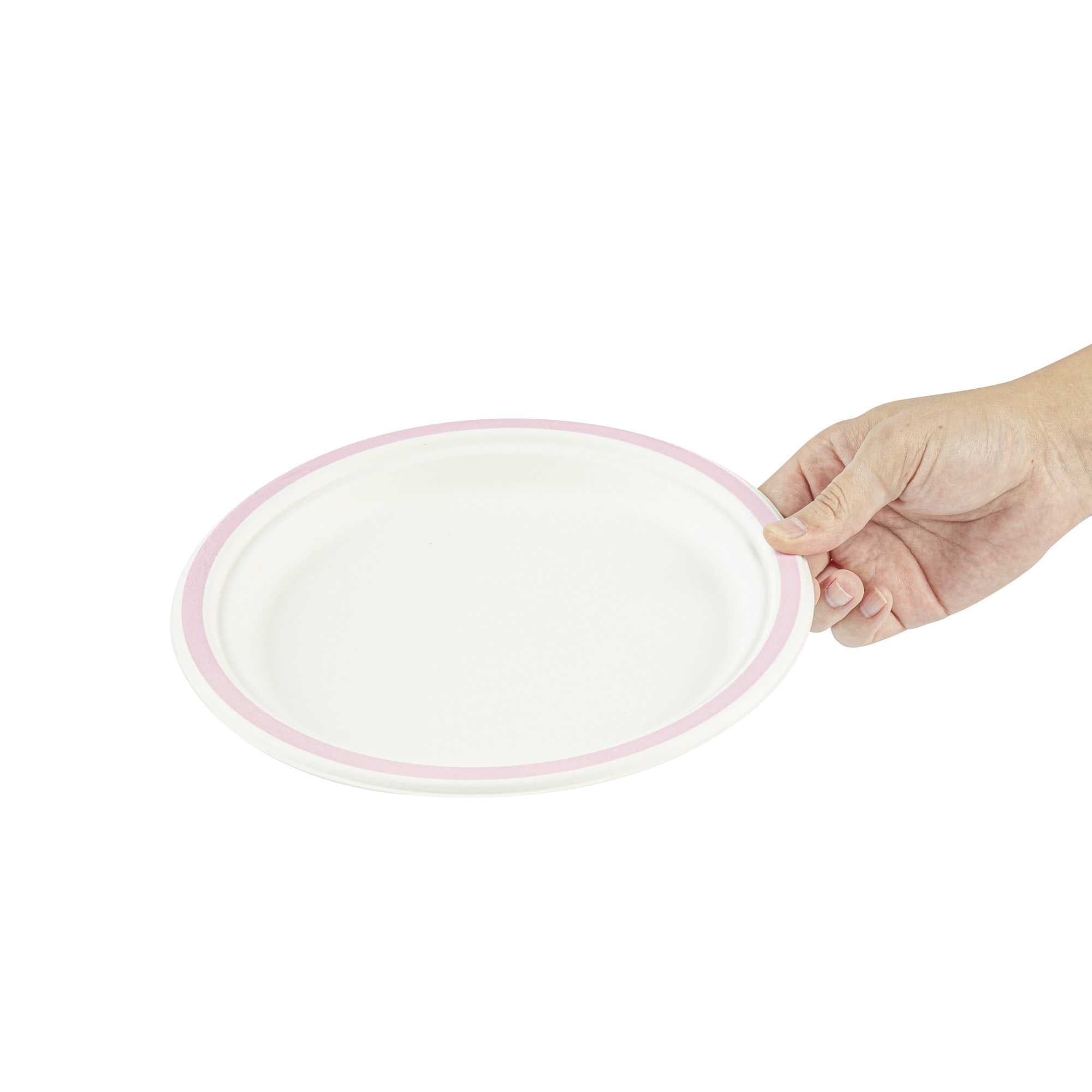 Pulp Safe No PFAS Added Round White Sugarcane / Bagasse Plate - Home Compostable, with Pink Rim - 8 3/4" x 8 3/4" - 100 count box