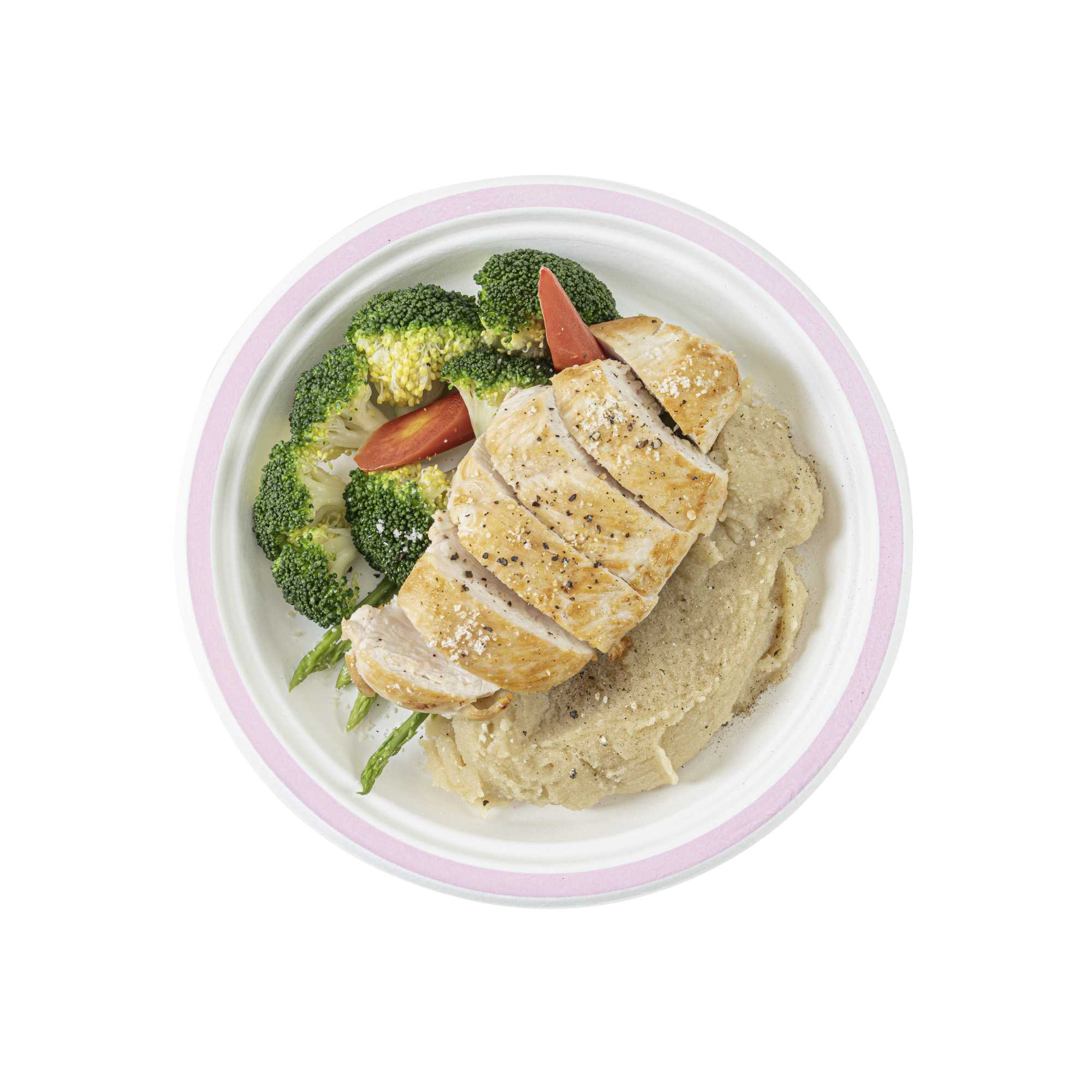 Pulp Safe No PFAS Added Round White Sugarcane / Bagasse Plate - Home Compostable, with Pink Rim - 8 3/4" x 8 3/4" - 100 count box