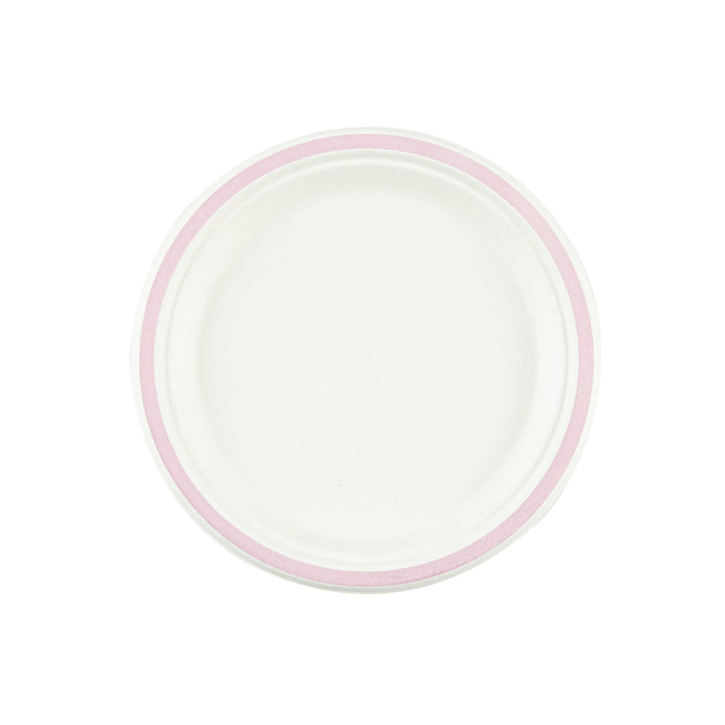 Pulp Safe No PFAS Added Round White Sugarcane / Bagasse Plate - Home Compostable, with Pink Rim - 8 3/4" x 8 3/4" - 100 count box
