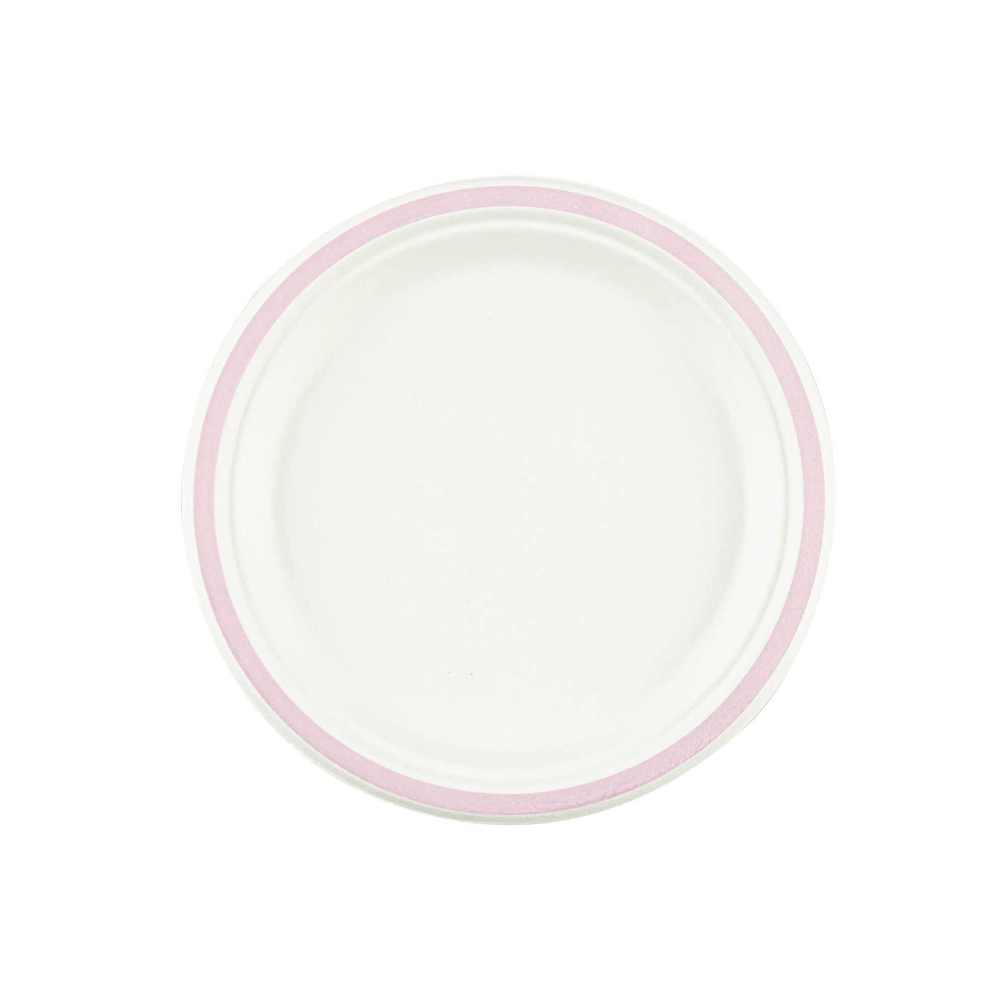 Pulp Safe No PFAS Added Round White Sugarcane / Bagasse Plate - Home Compostable, with Pink Rim - 8 3/4" x 8 3/4" - 100 count box