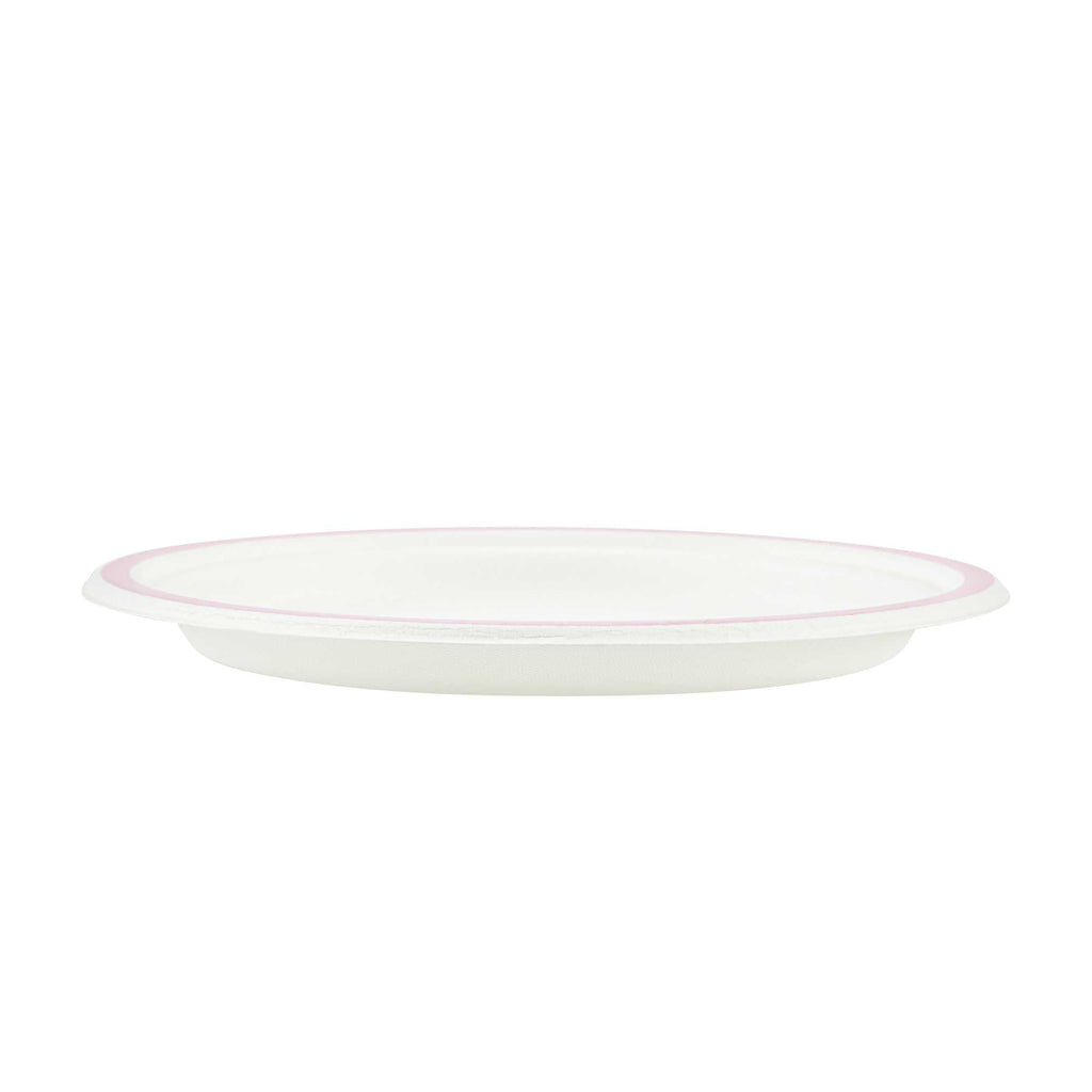 Pulp Safe No PFAS Added Round White Sugarcane / Bagasse Plate - Home Compostable, with Pink Rim - 8 3/4" x 8 3/4" - 100 count box