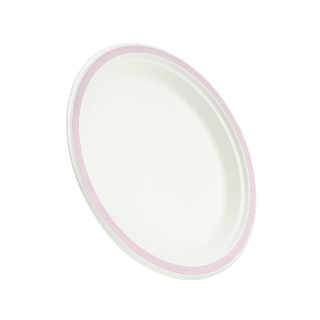 Pulp Safe No PFAS Added Round White Sugarcane / Bagasse Plate - Home Compostable, with Pink Rim - 8 3/4" x 8 3/4" - 100 count box