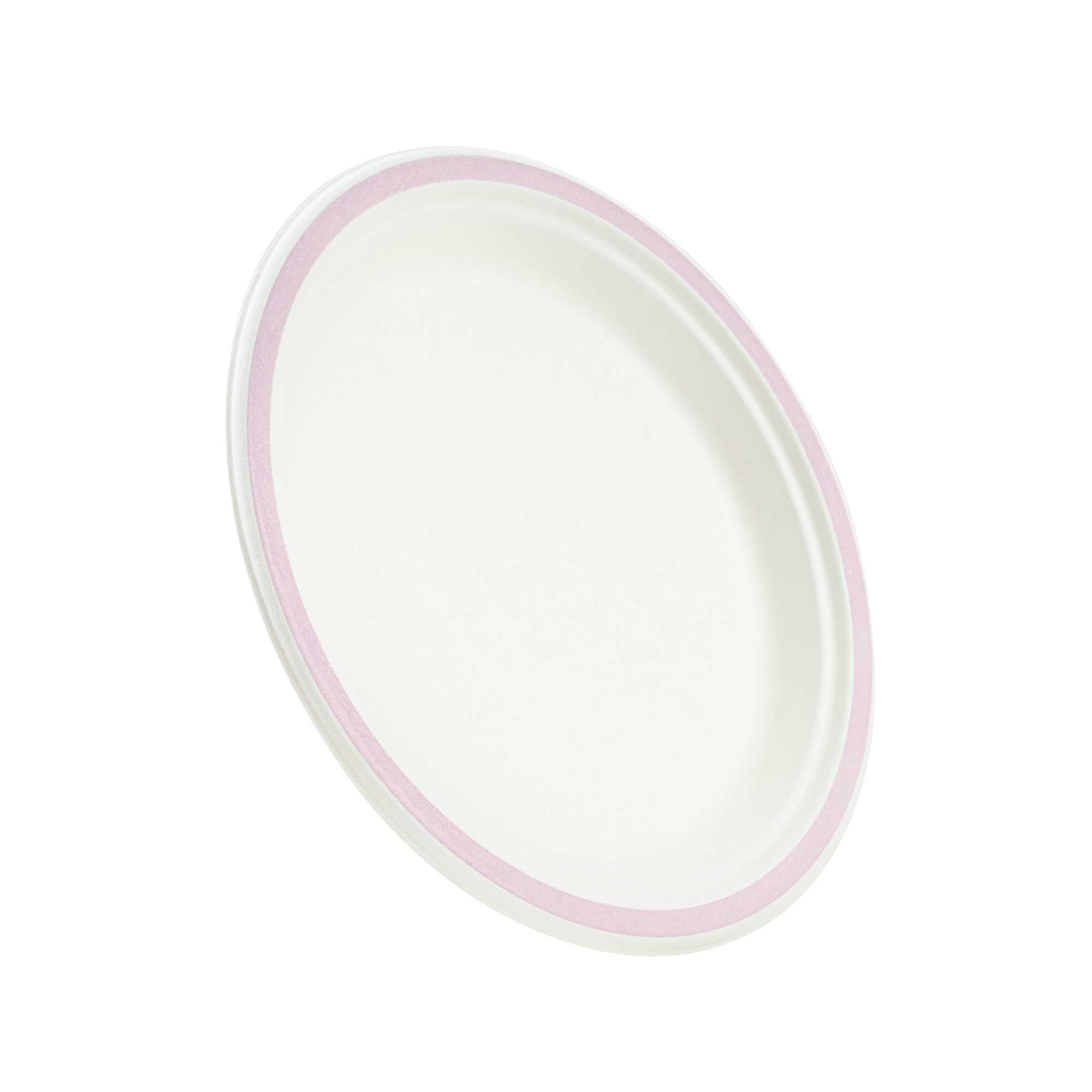 Pulp Safe No PFAS Added Round White Sugarcane / Bagasse Plate - Home Compostable, with Pink Rim - 8 3/4" x 8 3/4" - 100 count box