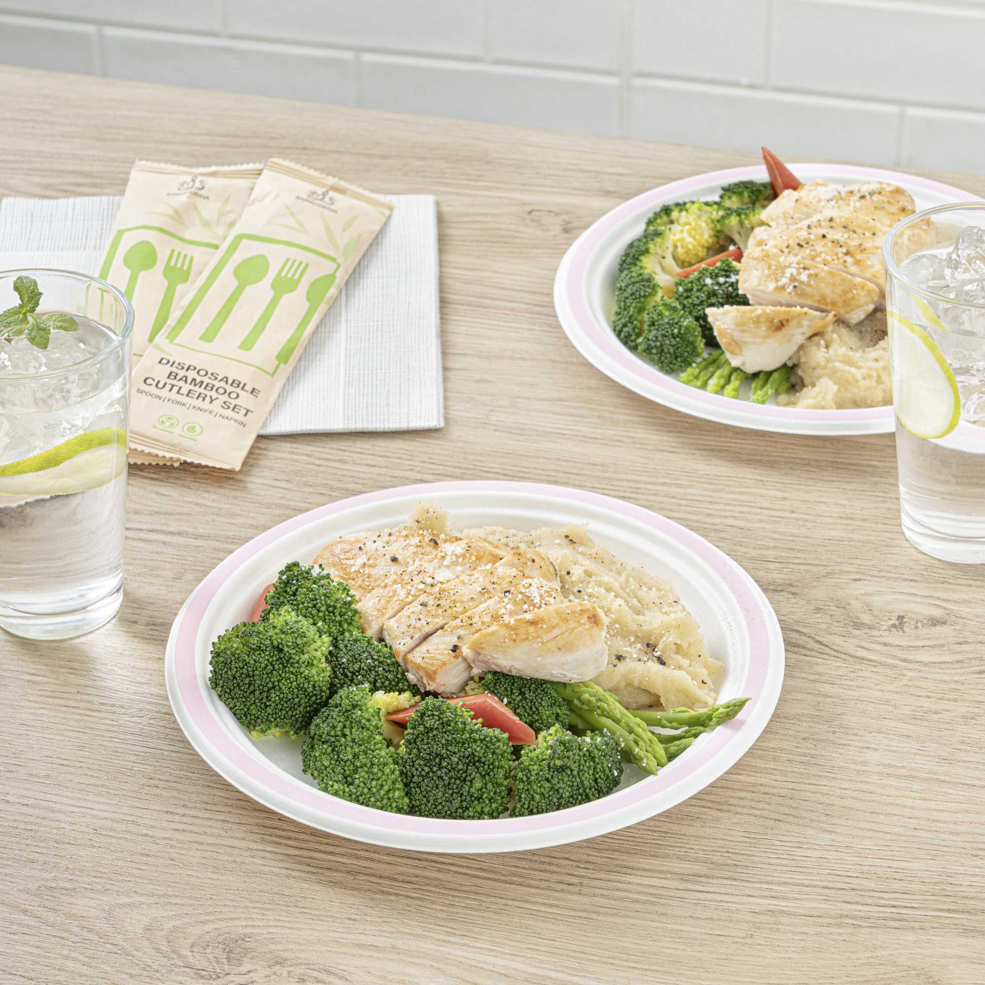 Pulp Safe No PFAS Added Round White Sugarcane / Bagasse Plate - Home Compostable, with Pink Rim - 8 3/4" x 8 3/4" - 100 count box
