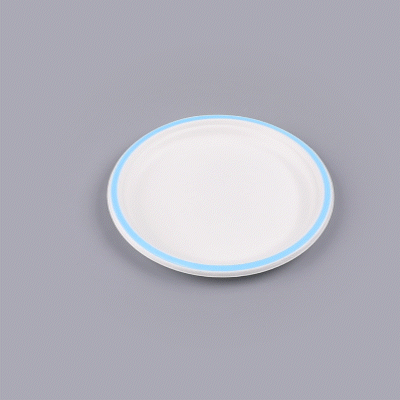 Pulp Safe No PFAS Added Round White Sugarcane / Bagasse Plate - Home Compostable, with Blue Rim - 10 1/4" x 10 1/4" - 100 count box