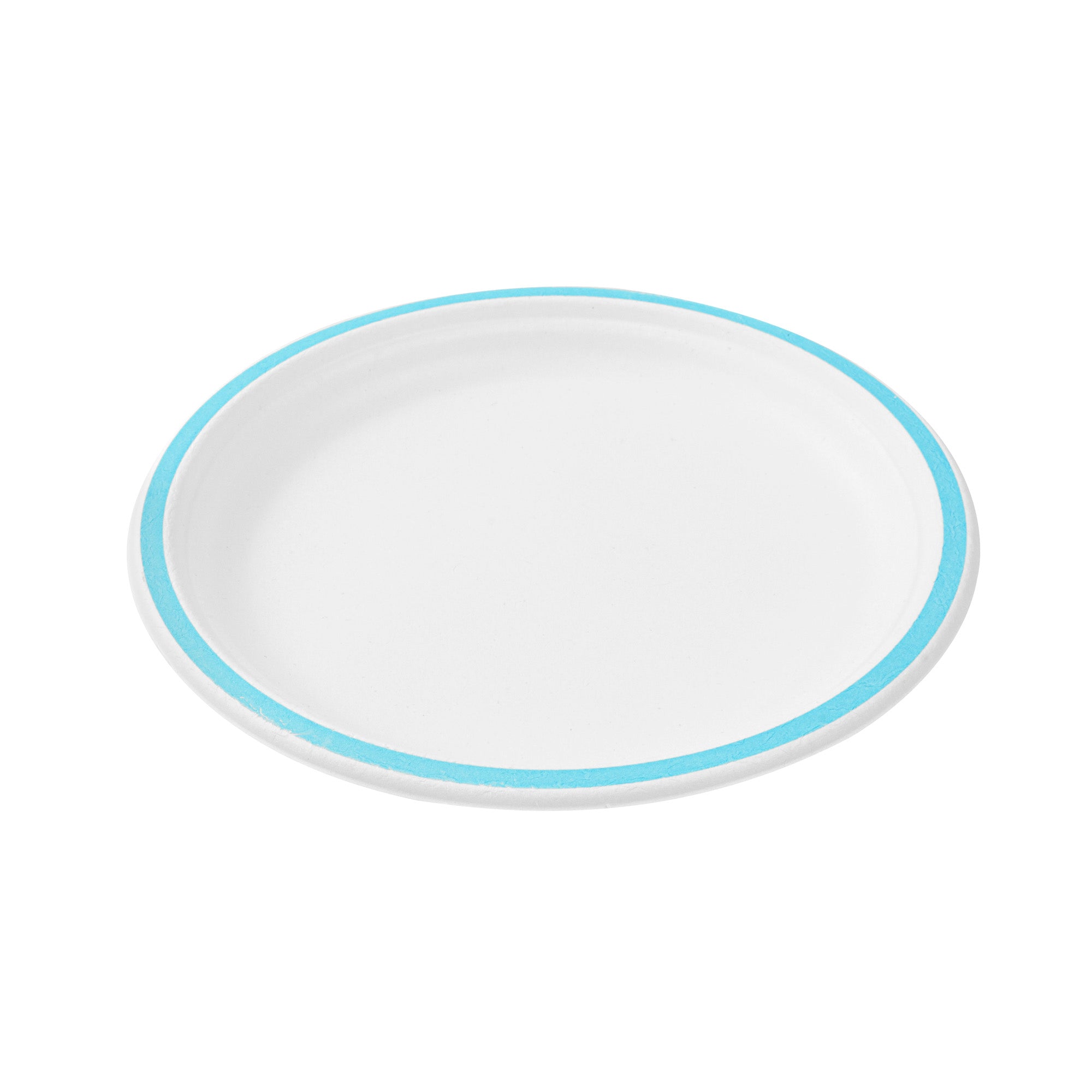 Pulp Safe No PFAS Added Round White Sugarcane / Bagasse Plate - Home Compostable, with Blue Rim - 10 1/4" x 10 1/4" - 100 count box