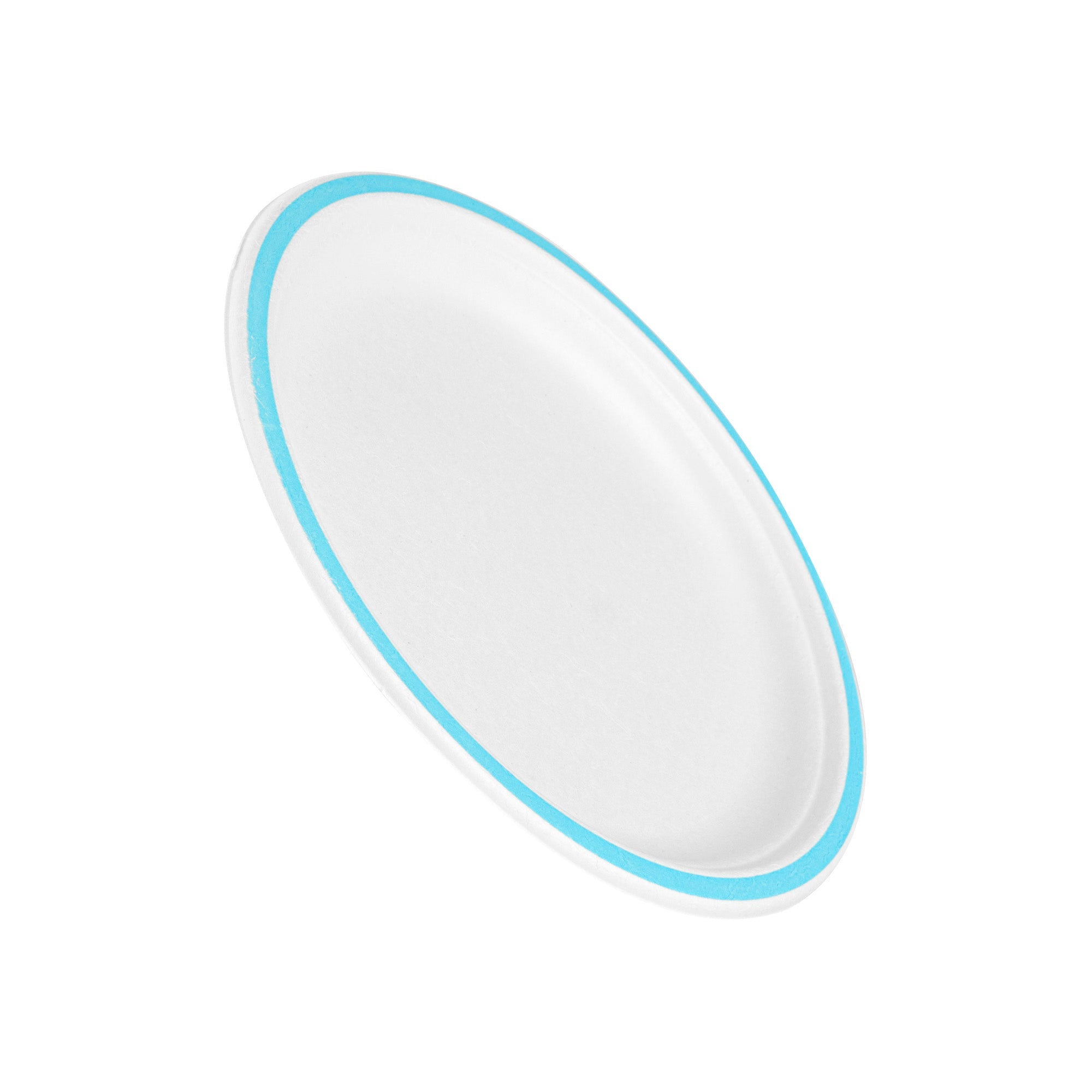Pulp Safe No PFAS Added Round White Sugarcane / Bagasse Plate - Home Compostable, with Blue Rim - 10 1/4" x 10 1/4" - 100 count box