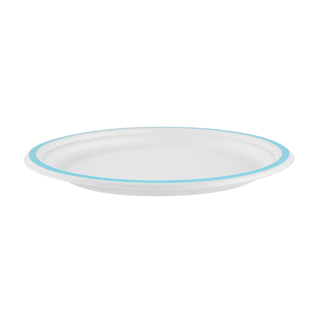 Pulp Safe No PFAS Added Round White Sugarcane / Bagasse Plate - Home Compostable, with Blue Rim - 10 1/4" x 10 1/4" - 100 count box