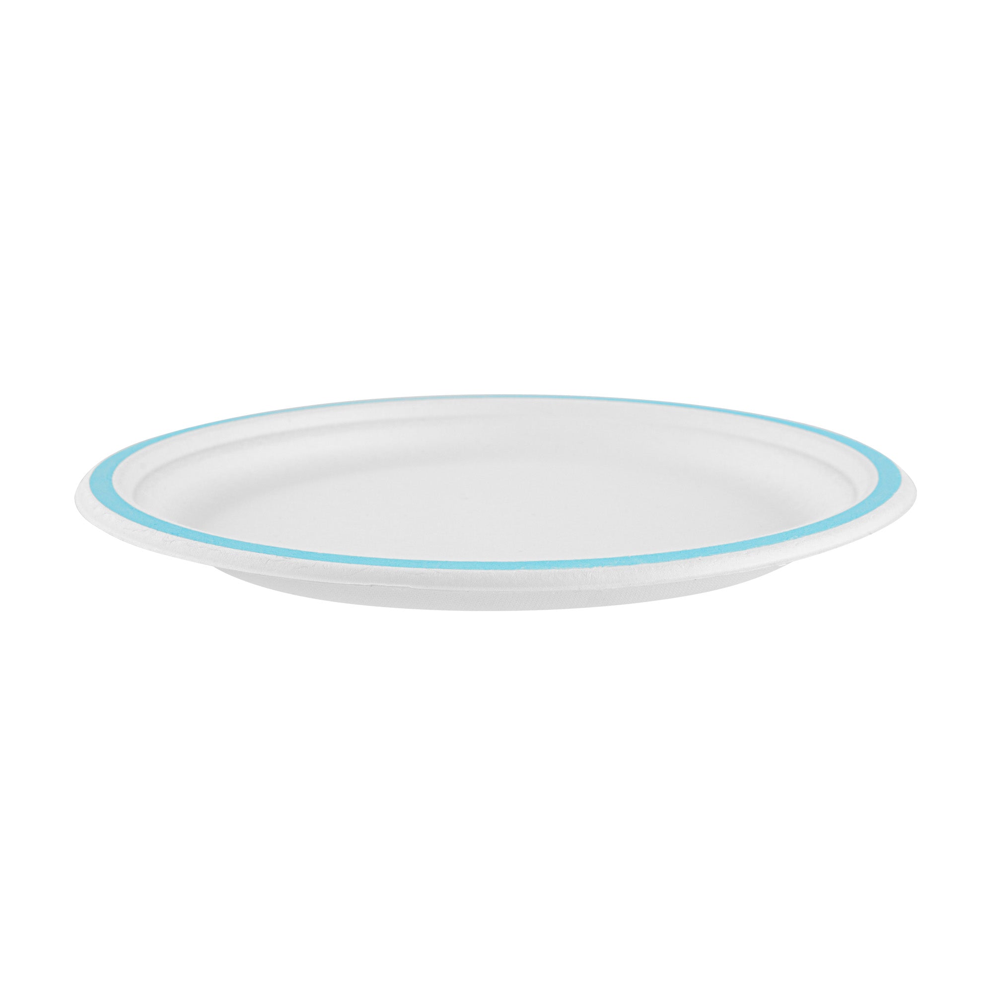 Pulp Safe No PFAS Added Round White Sugarcane / Bagasse Plate - Home Compostable, with Blue Rim - 10 1/4" x 10 1/4" - 100 count box