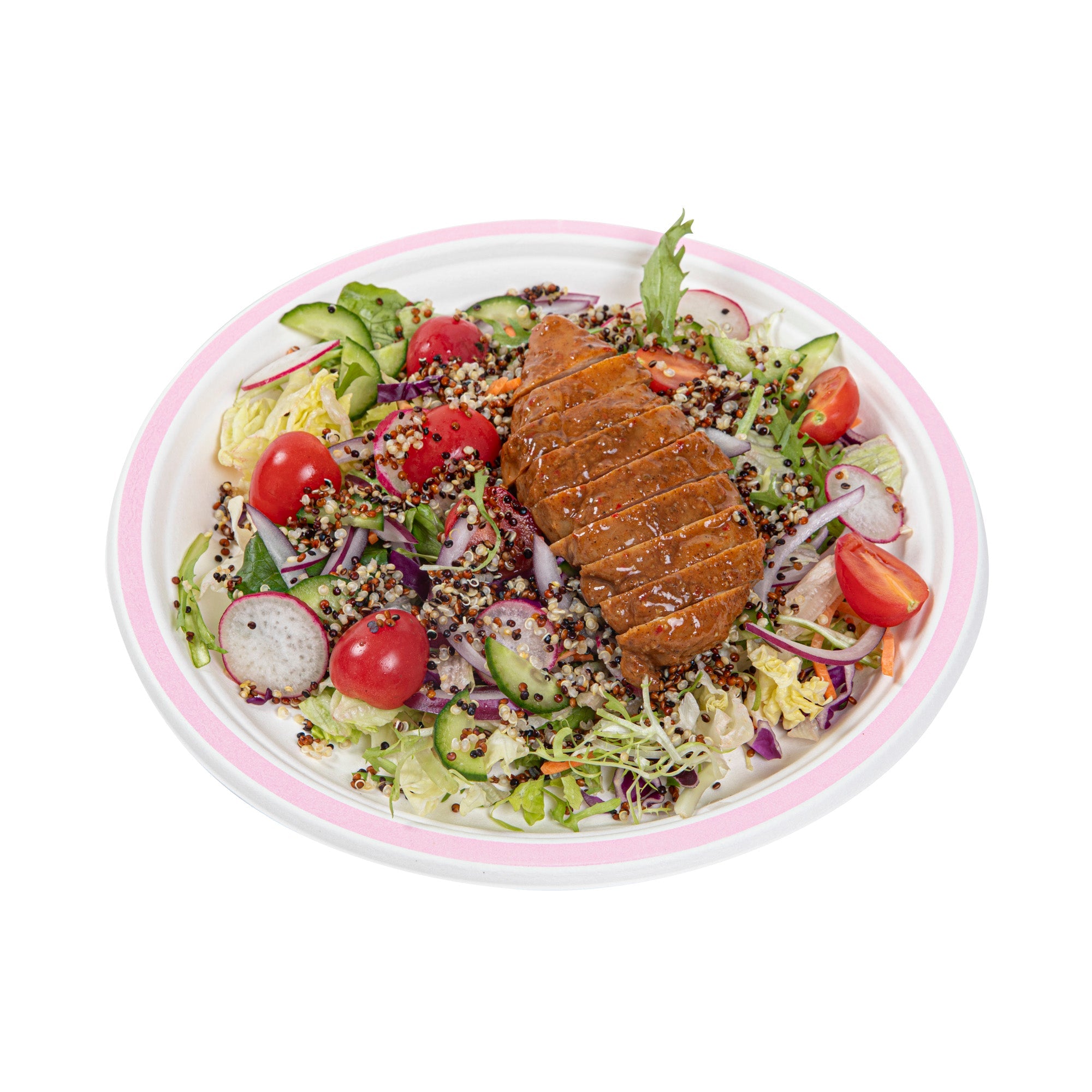 Pulp Safe No PFAS Added Round White Sugarcane / Bagasse Plate - Home Compostable, with Pink Rim - 10 1/4" x 10 1/4" - 100 count box