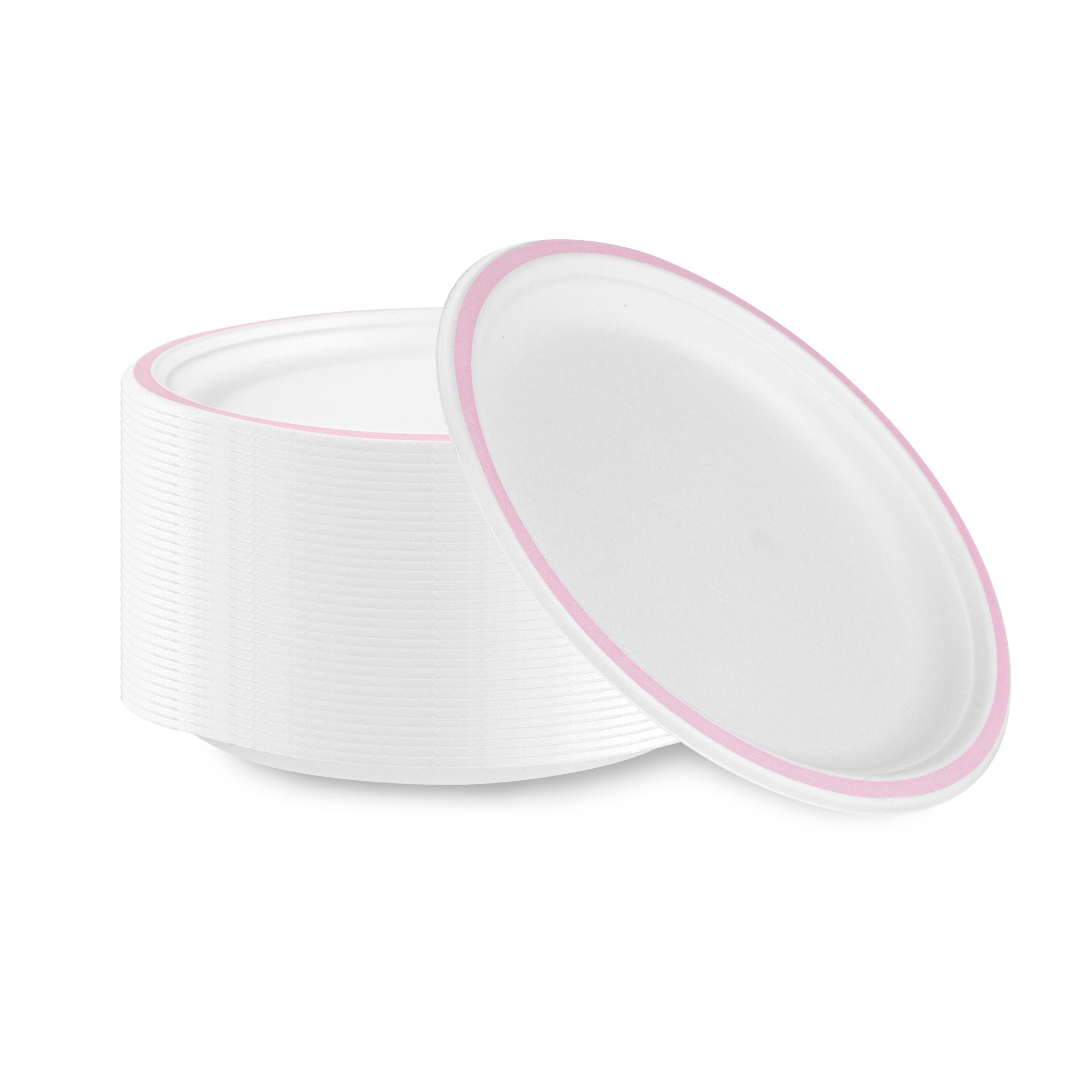 Pulp Safe No PFAS Added Round White Sugarcane / Bagasse Plate - Home Compostable, with Pink Rim - 10 1/4" x 10 1/4" - 100 count box