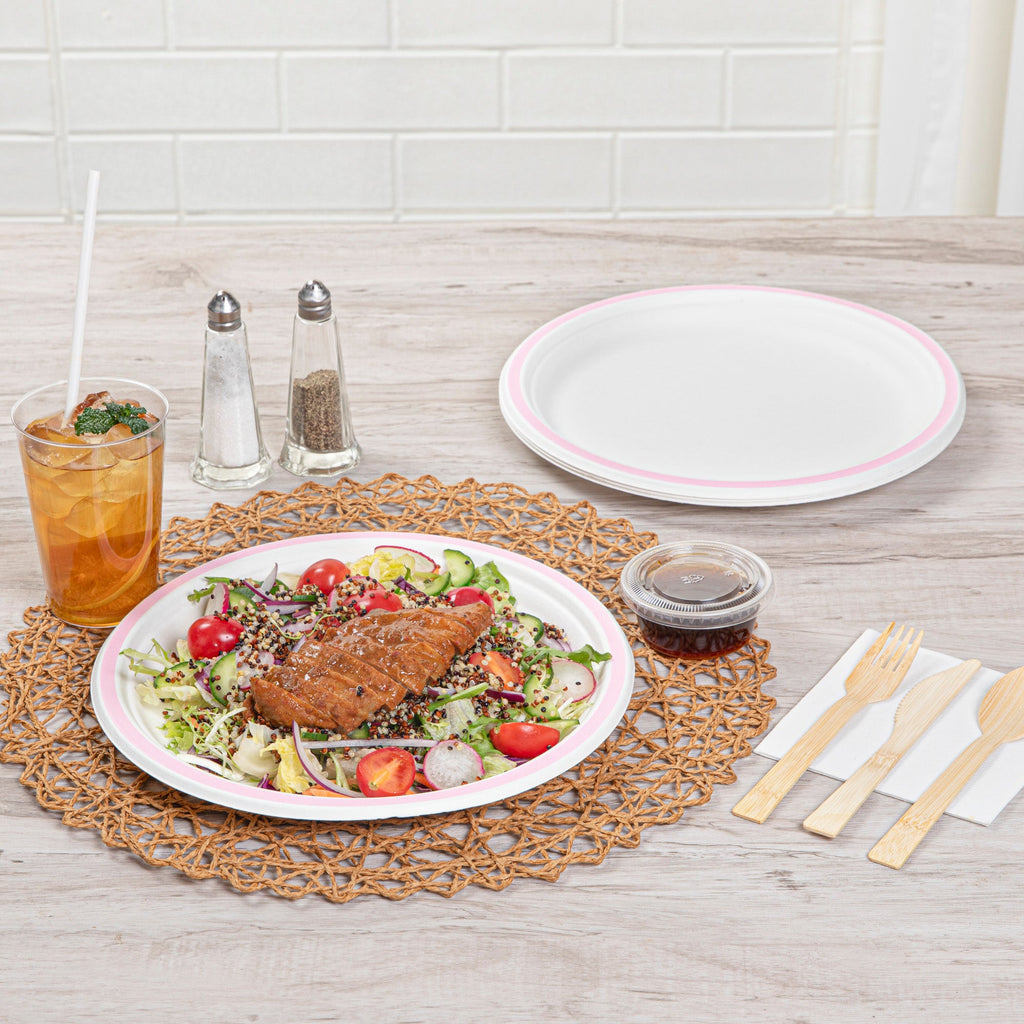 Pulp Safe No PFAS Added Round White Sugarcane / Bagasse Plate - Home Compostable, with Pink Rim - 10 1/4" x 10 1/4" - 100 count box