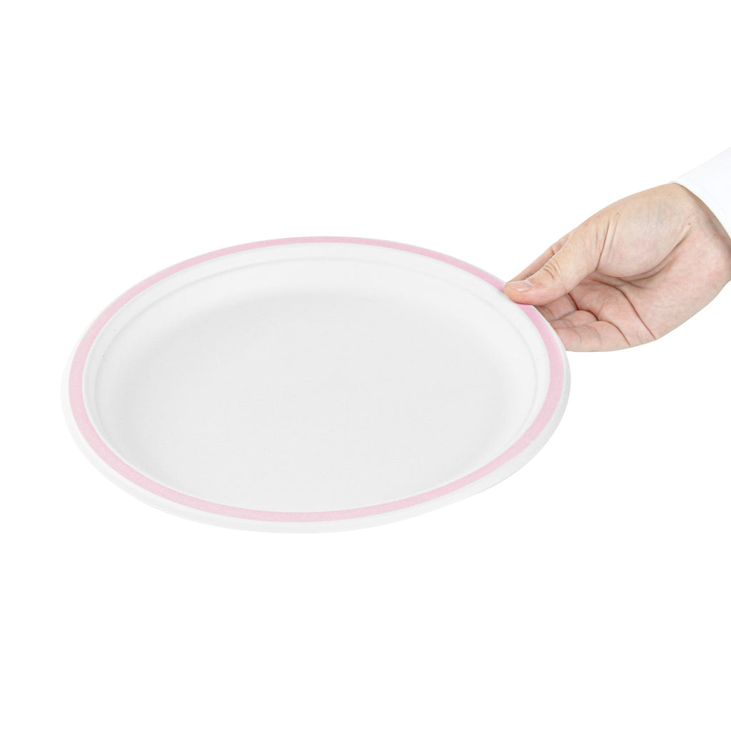Pulp Safe No PFAS Added Round White Sugarcane / Bagasse Plate - Home Compostable, with Pink Rim - 10 1/4" x 10 1/4" - 100 count box