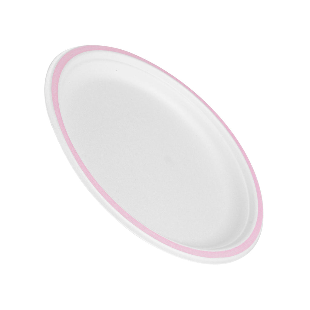 Pulp Safe No PFAS Added Round White Sugarcane / Bagasse Plate - Home Compostable, with Pink Rim - 10 1/4" x 10 1/4" - 100 count box