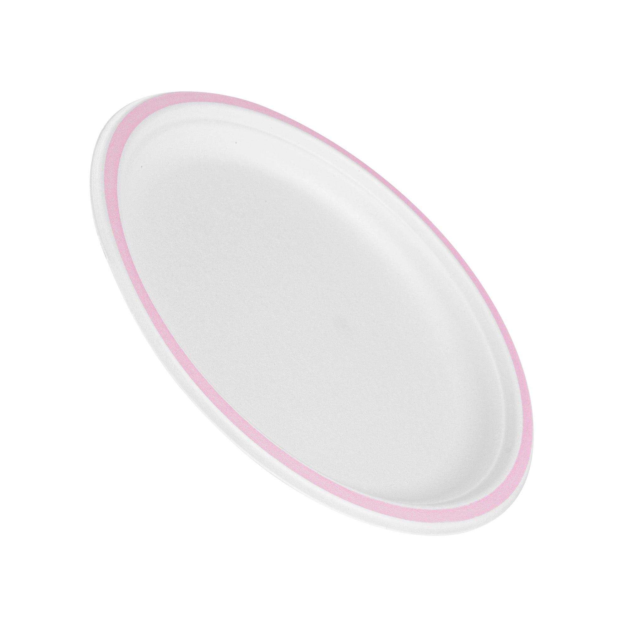 Pulp Safe No PFAS Added Round White Sugarcane / Bagasse Plate - Home Compostable, with Pink Rim - 10 1/4" x 10 1/4" - 100 count box