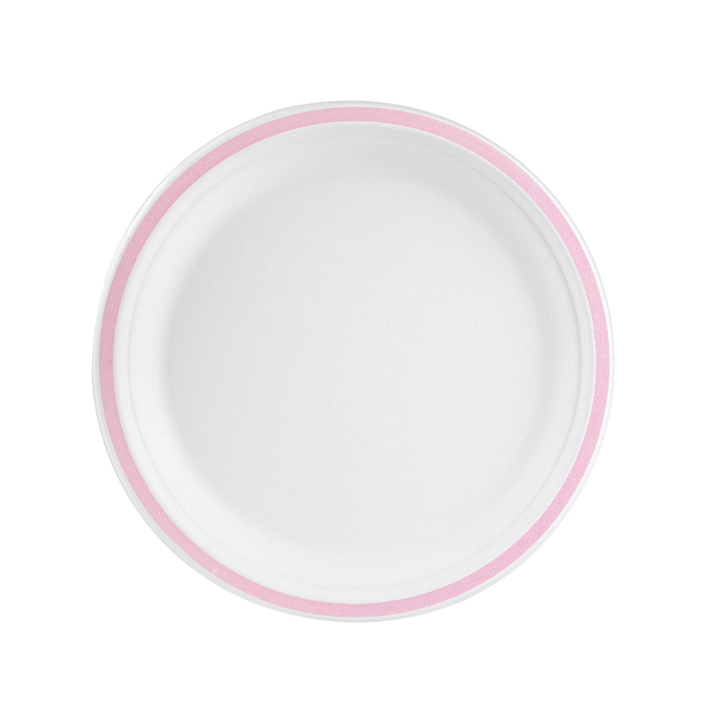 Pulp Safe No PFAS Added Round White Sugarcane / Bagasse Plate - Home Compostable, with Pink Rim - 10 1/4" x 10 1/4" - 100 count box