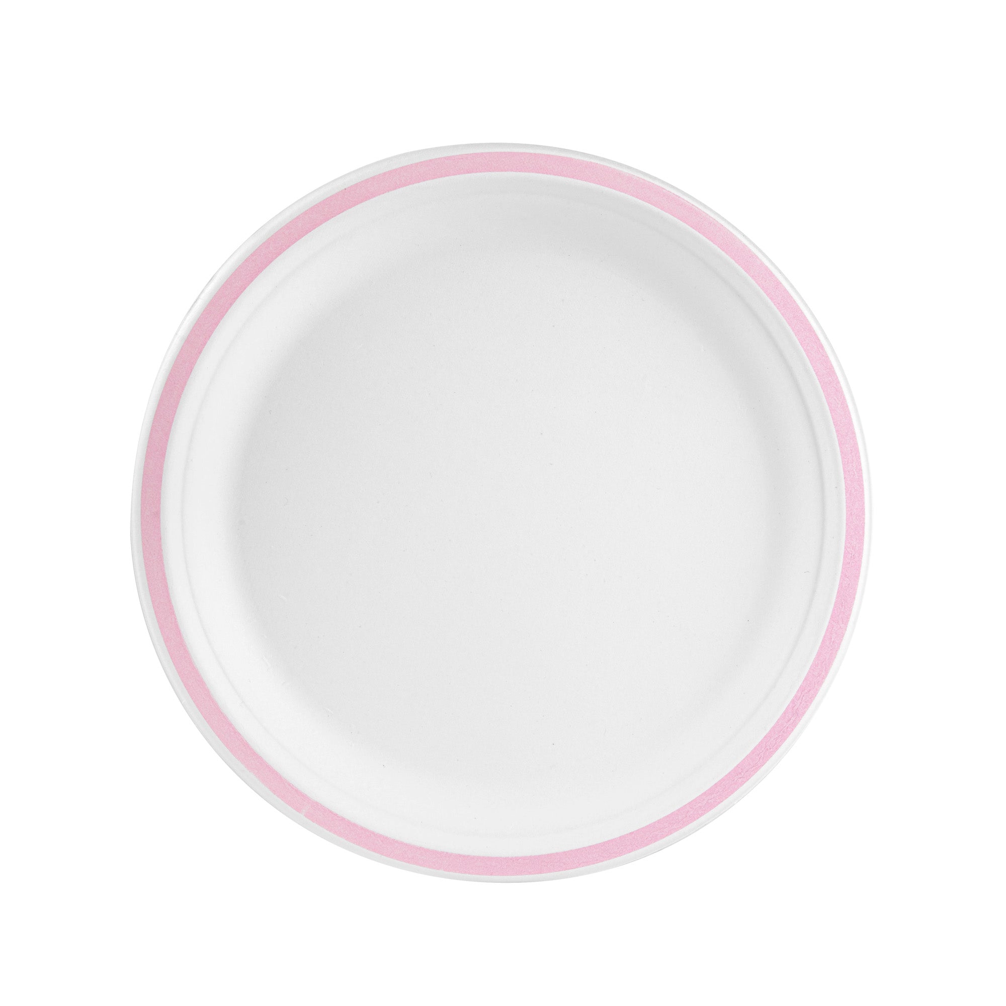 Pulp Safe No PFAS Added Round White Sugarcane / Bagasse Plate - Home Compostable, with Pink Rim - 10 1/4" x 10 1/4" - 100 count box