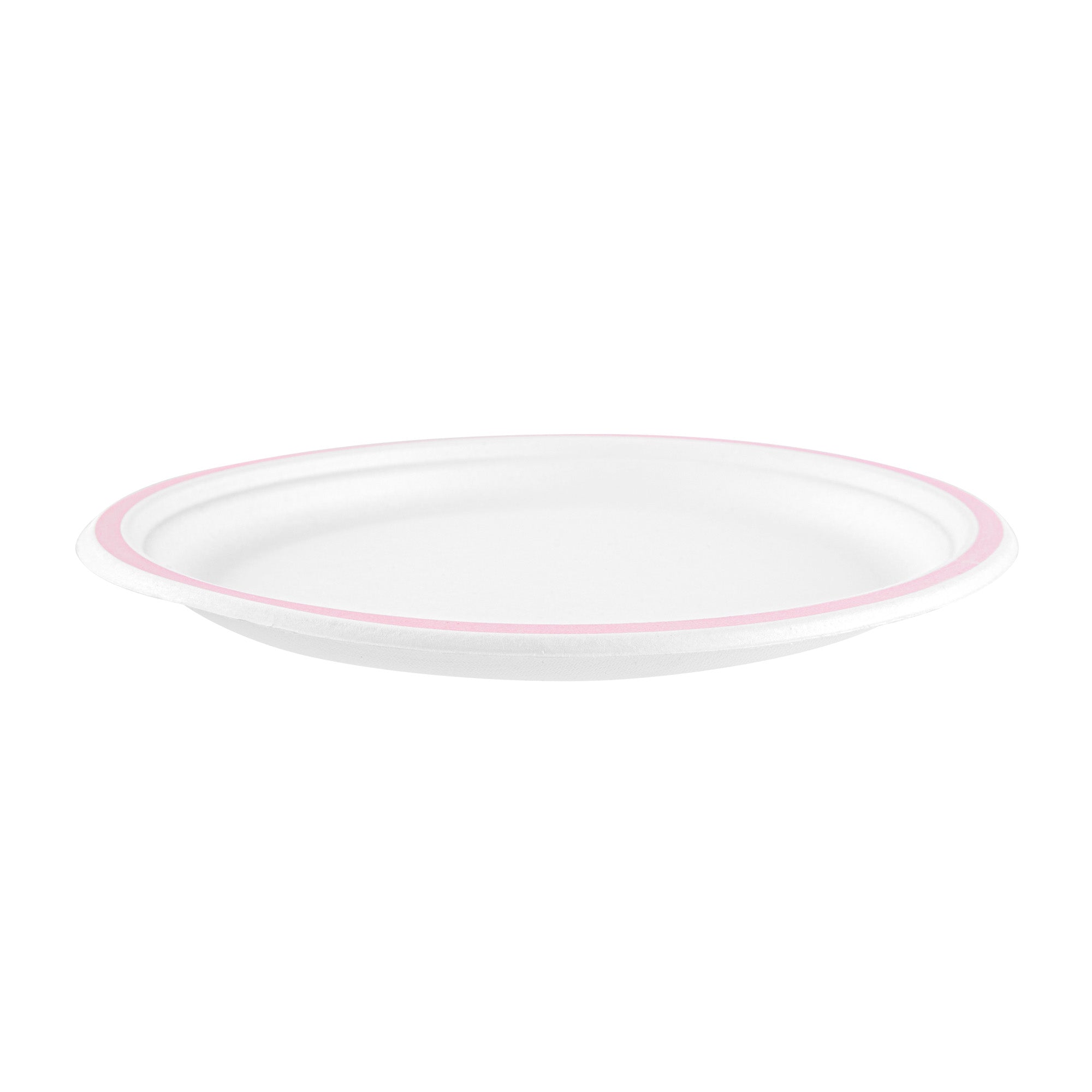 Pulp Safe No PFAS Added Round White Sugarcane / Bagasse Plate - Home Compostable, with Pink Rim - 10 1/4" x 10 1/4" - 100 count box