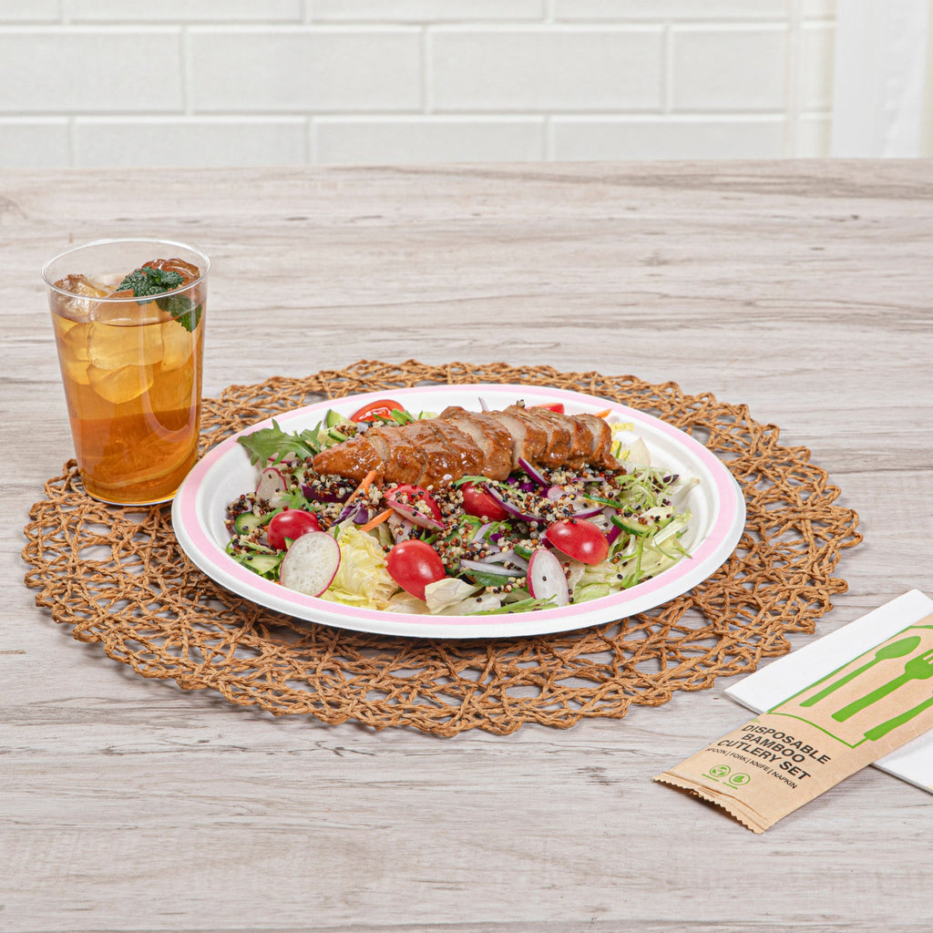 Pulp Safe No PFAS Added Round White Sugarcane / Bagasse Plate - Home Compostable, with Pink Rim - 10 1/4" x 10 1/4" - 100 count box