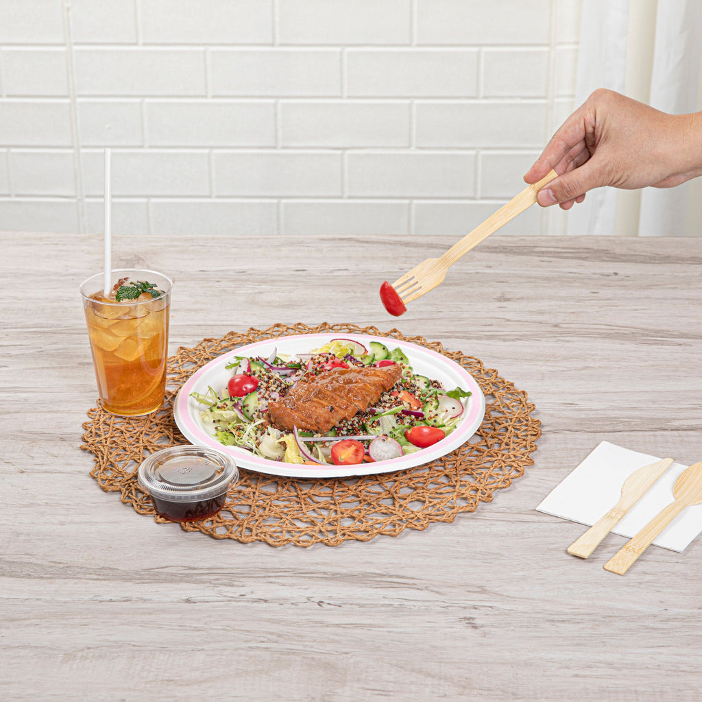 Pulp Safe No PFAS Added Round White Sugarcane / Bagasse Plate - Home Compostable, with Pink Rim - 10 1/4" x 10 1/4" - 100 count box