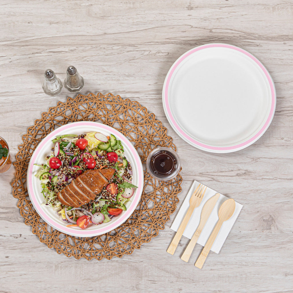 Pulp Safe No PFAS Added Round White Sugarcane / Bagasse Plate - Home Compostable, with Pink Rim - 10 1/4" x 10 1/4" - 100 count box