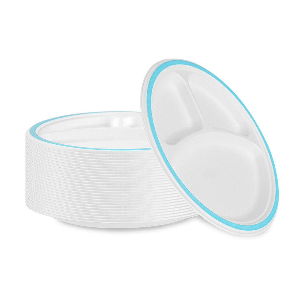 Pulp Safe No PFAS Added Round White Sugarcane/Bagasse Plate - 3 Compartments, Home Compostable, Blue Rim - 10 1/4" x 10 1/4" - 100 count box