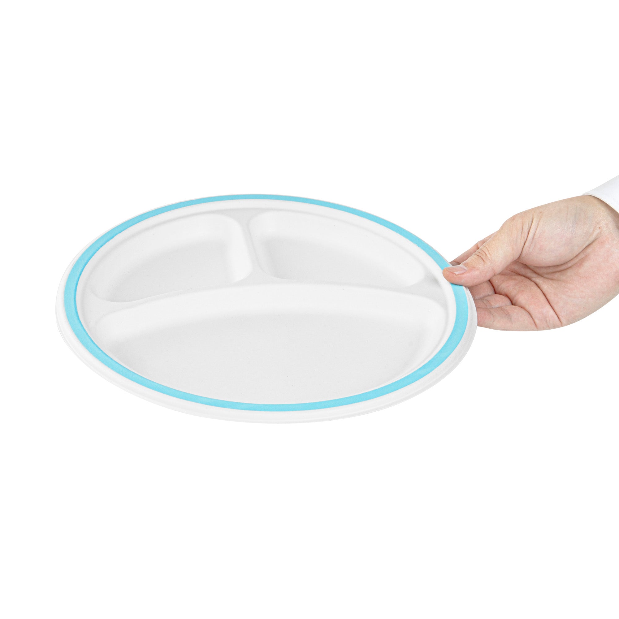 Pulp Safe No PFAS Added Round White Sugarcane/Bagasse Plate - 3 Compartments, Home Compostable, Blue Rim - 10 1/4" x 10 1/4" - 100 count box