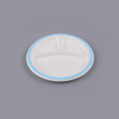 Pulp Safe No PFAS Added Round White Sugarcane/Bagasse Plate - 3 Compartments, Home Compostable, Blue Rim - 10 1/4" x 10 1/4" - 100 count box