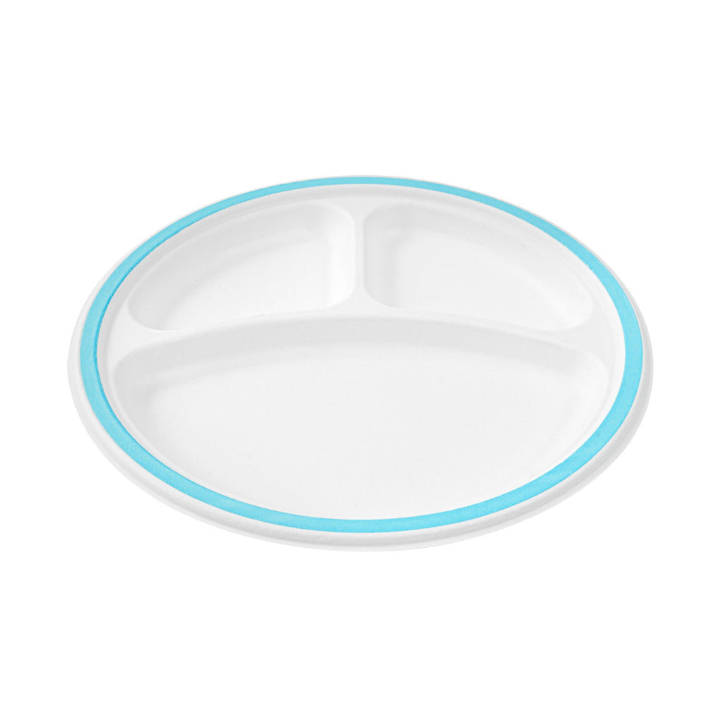 Pulp Safe No PFAS Added Round White Sugarcane/Bagasse Plate - 3 Compartments, Home Compostable, Blue Rim - 10 1/4" x 10 1/4" - 100 count box