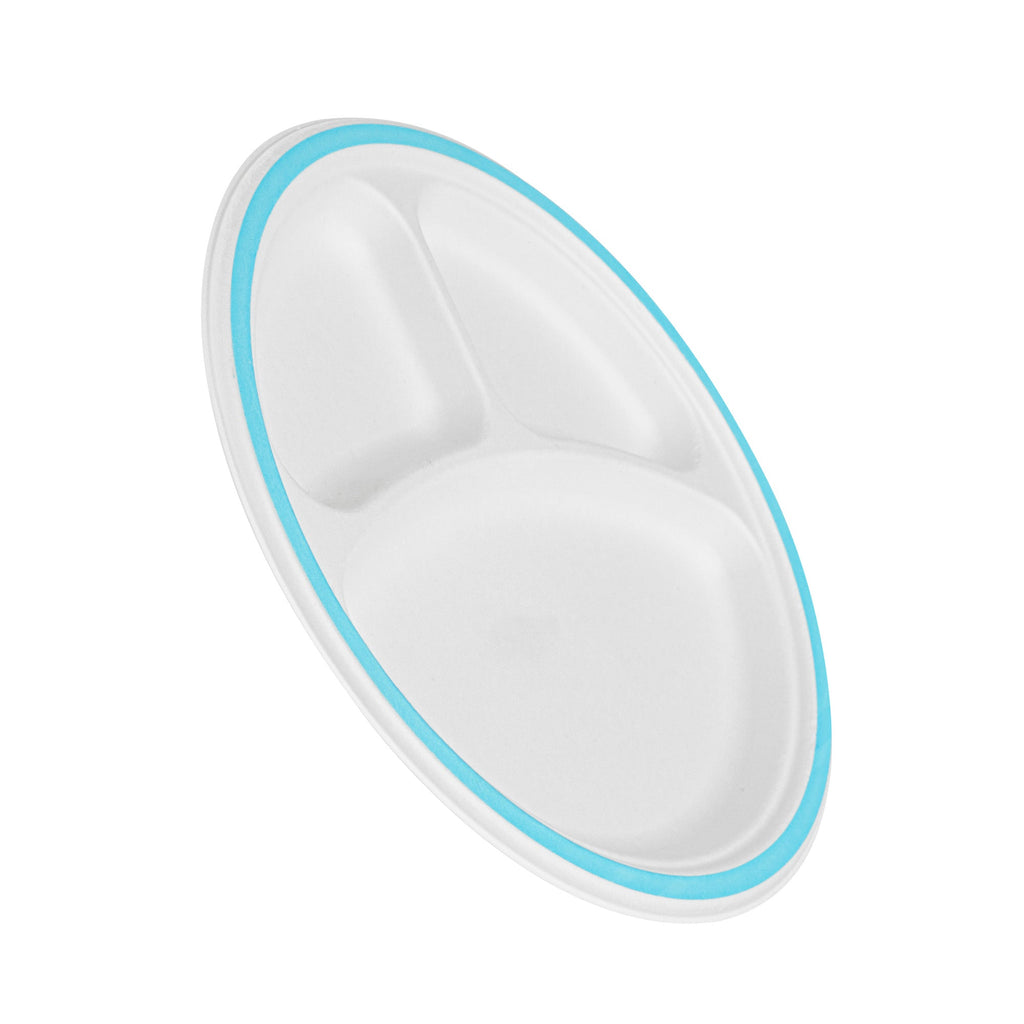 Pulp Safe No PFAS Added Round White Sugarcane/Bagasse Plate - 3 Compartments, Home Compostable, Blue Rim - 10 1/4" x 10 1/4" - 100 count box