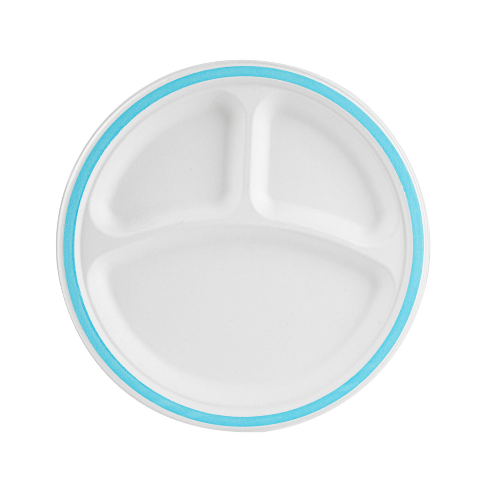 Pulp Safe No PFAS Added Round White Sugarcane/Bagasse Plate - 3 Compartments, Home Compostable, Blue Rim - 10 1/4" x 10 1/4" - 100 count box