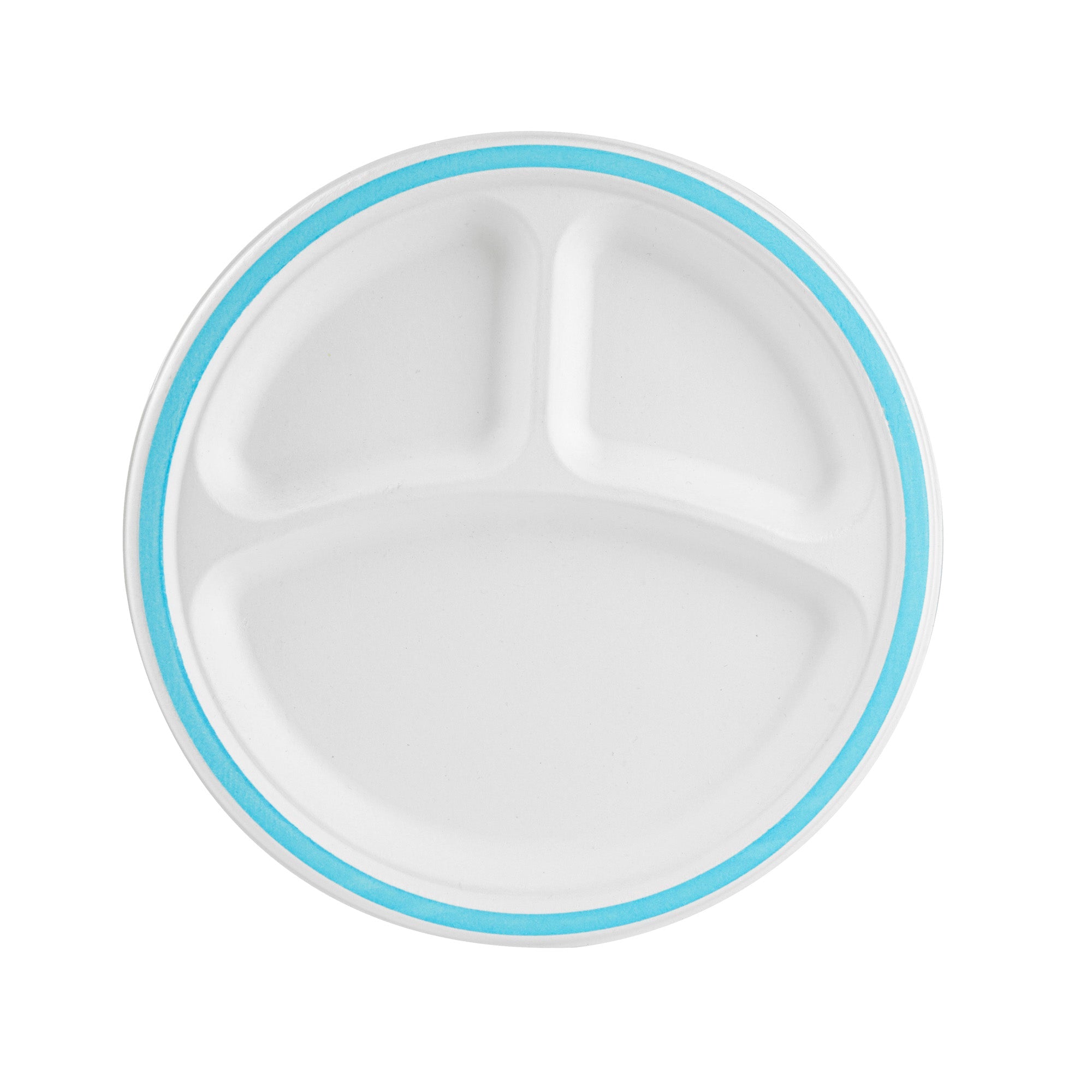 Pulp Safe No PFAS Added Round White Sugarcane/Bagasse Plate - 3 Compartments, Home Compostable, Blue Rim - 10 1/4" x 10 1/4" - 100 count box