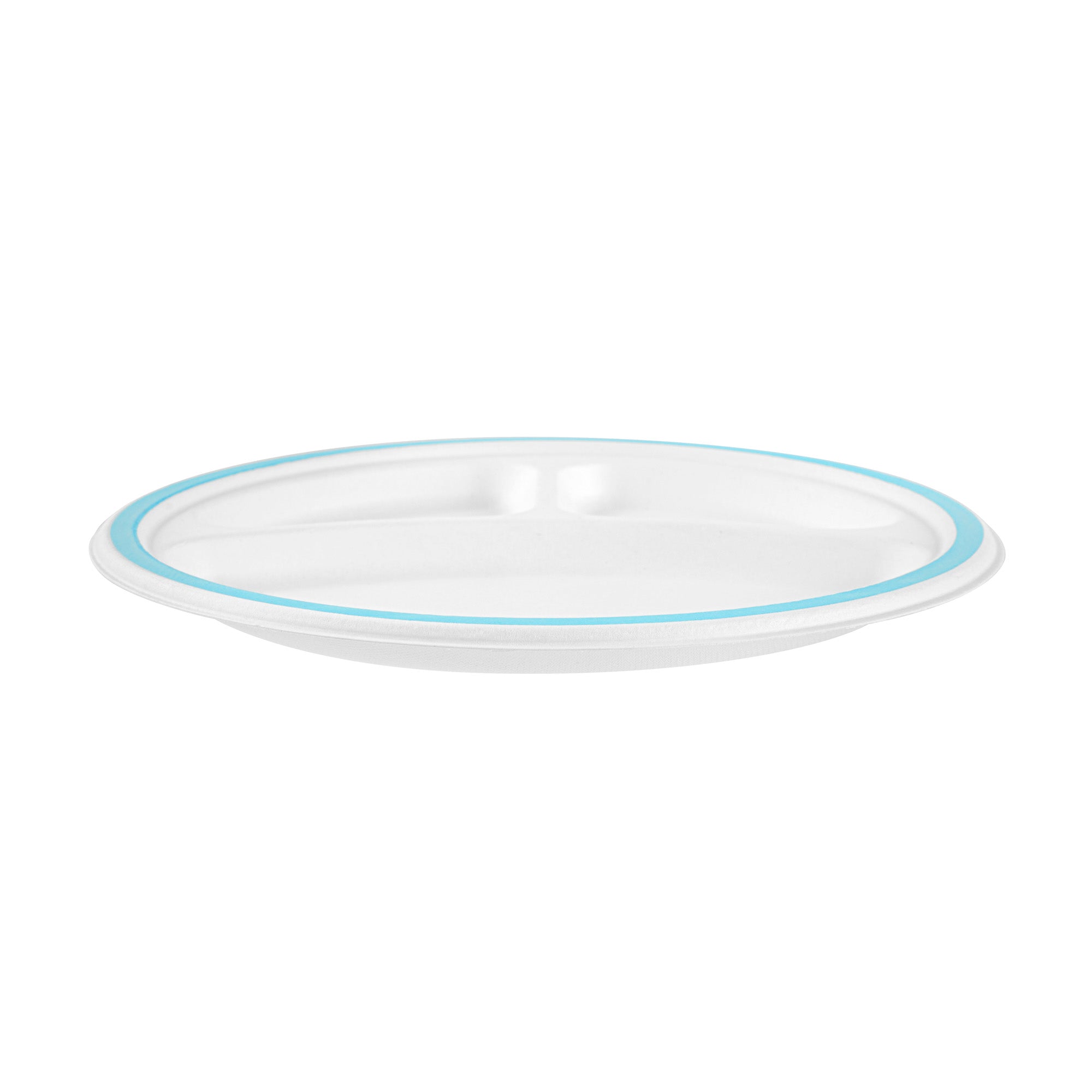 Pulp Safe No PFAS Added Round White Sugarcane/Bagasse Plate - 3 Compartments, Home Compostable, Blue Rim - 10 1/4" x 10 1/4" - 100 count box