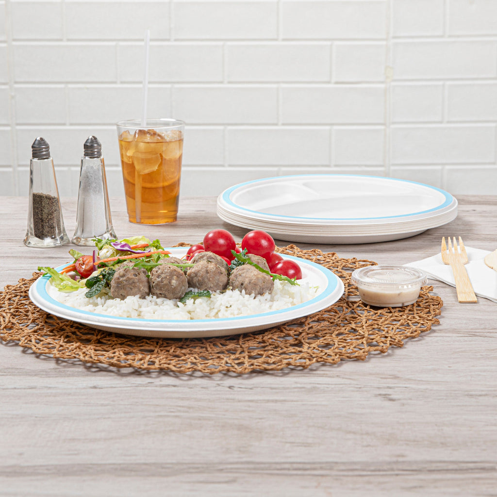 Pulp Safe No PFAS Added Round White Sugarcane/Bagasse Plate - 3 Compartments, Home Compostable, Blue Rim - 10 1/4" x 10 1/4" - 100 count box