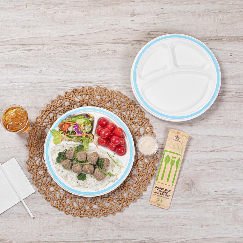 Pulp Safe No PFAS Added Round White Sugarcane/Bagasse Plate - 3 Compartments, Home Compostable, Blue Rim - 10 1/4" x 10 1/4" - 100 count box