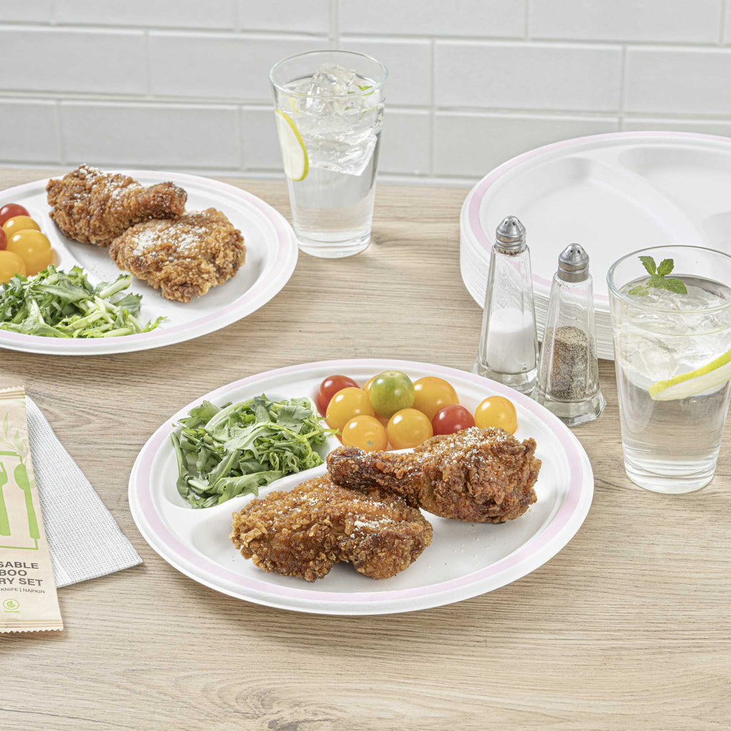 Pulp Safe No PFAS Added Round White Sugarcane/Bagasse Plate - 3 Compartments, Home Compostable, Pink Rim - 10 1/4" x 10 1/4" - 100 count box