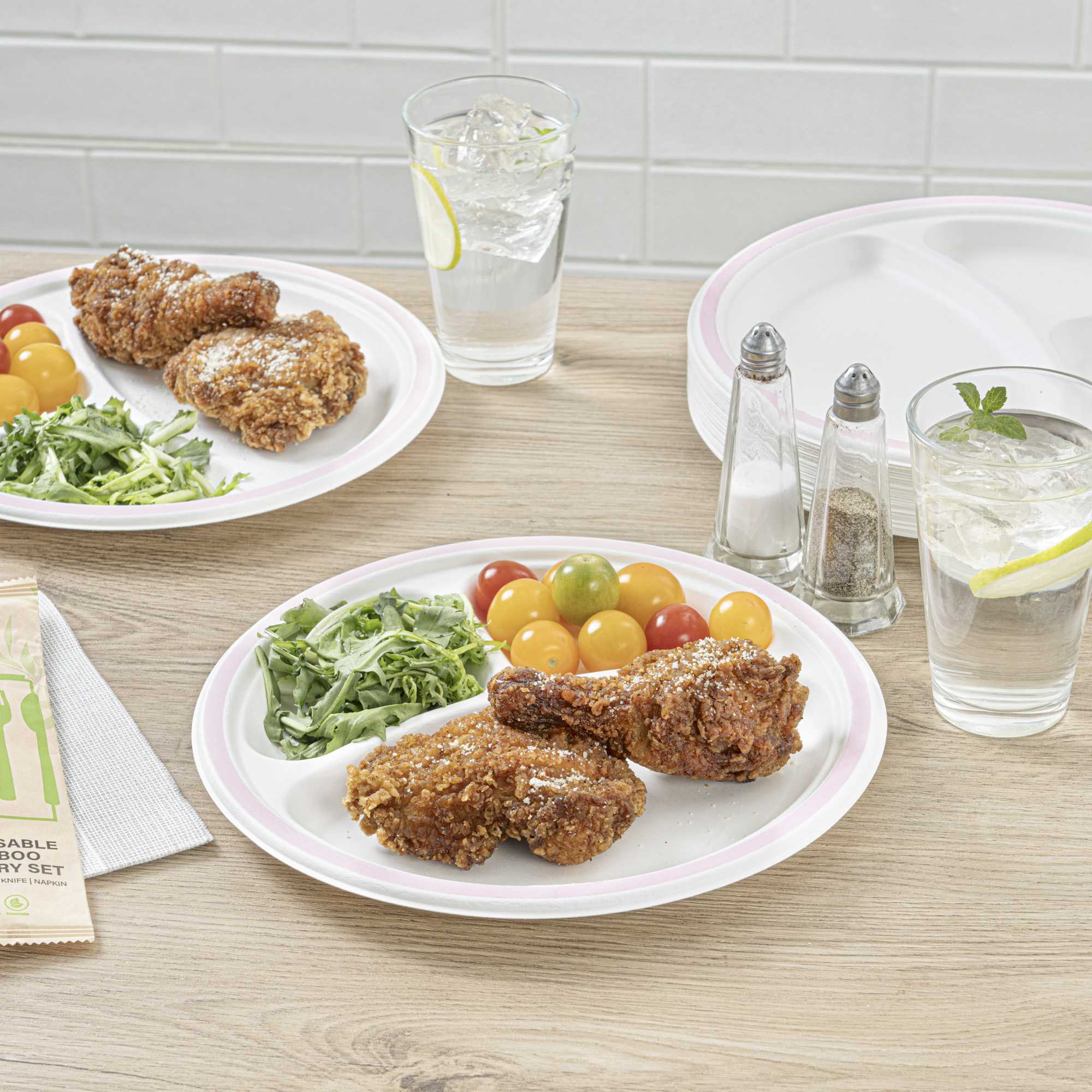 Pulp Safe No PFAS Added Round White Sugarcane/Bagasse Plate - 3 Compartments, Home Compostable, Pink Rim - 10 1/4" x 10 1/4" - 100 count box