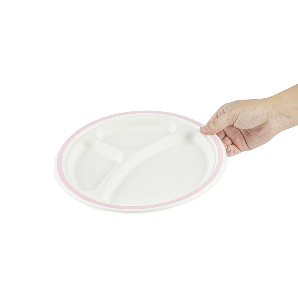 Pulp Safe No PFAS Added Round White Sugarcane/Bagasse Plate - 3 Compartments, Home Compostable, Pink Rim - 10 1/4" x 10 1/4" - 100 count box
