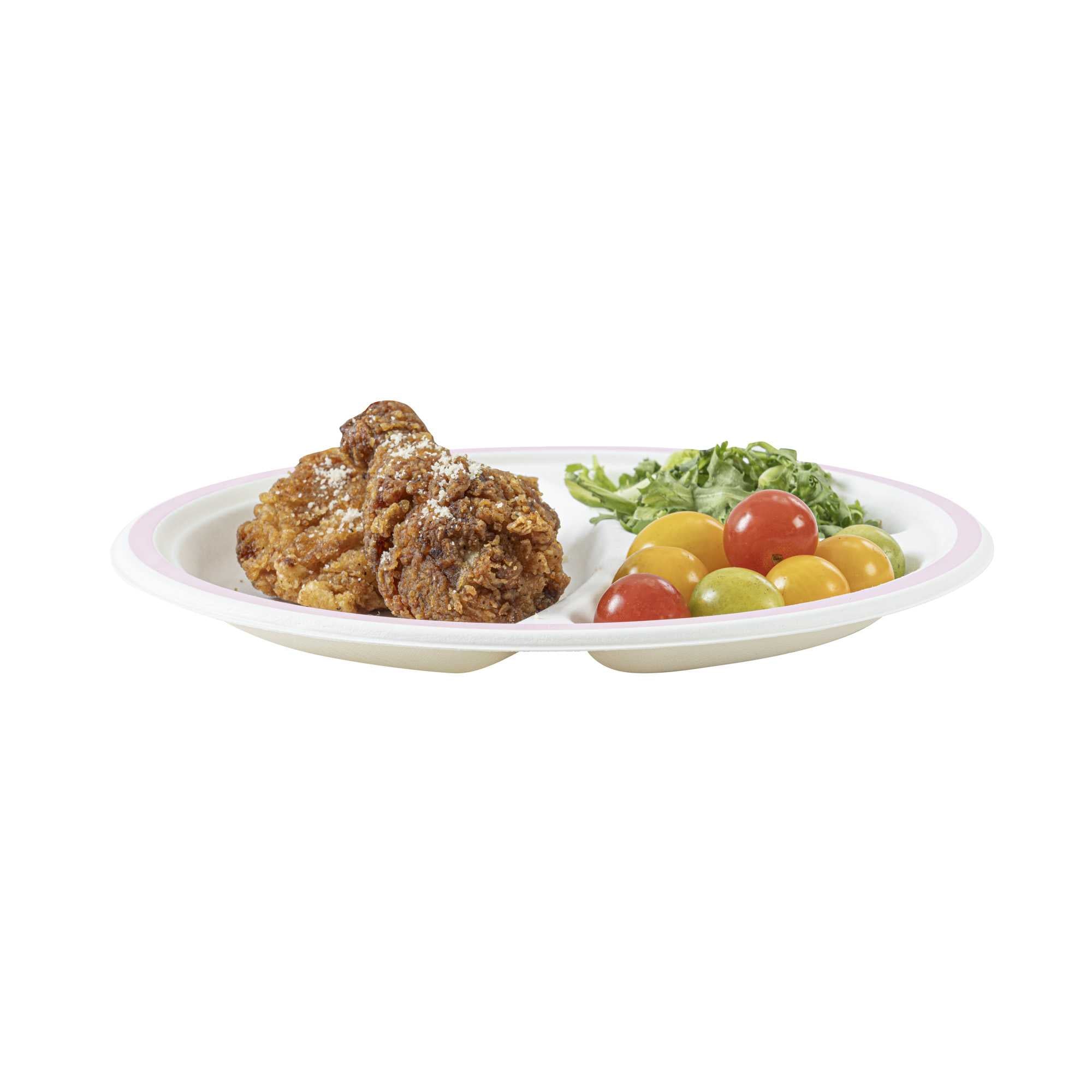 Pulp Safe No PFAS Added Round White Sugarcane/Bagasse Plate - 3 Compartments, Home Compostable, Pink Rim - 10 1/4" x 10 1/4" - 100 count box
