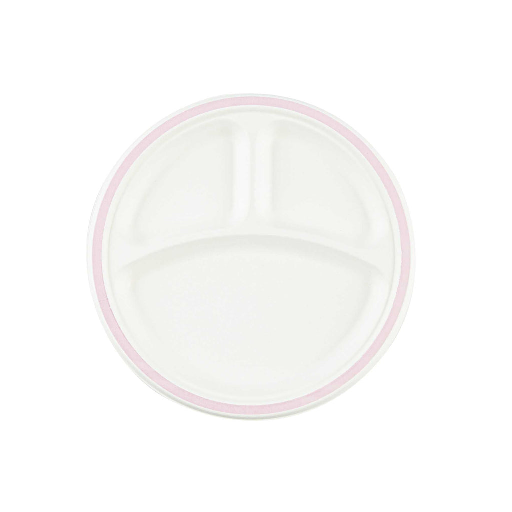 Pulp Safe No PFAS Added Round White Sugarcane/Bagasse Plate - 3 Compartments, Home Compostable, Pink Rim - 10 1/4" x 10 1/4" - 100 count box