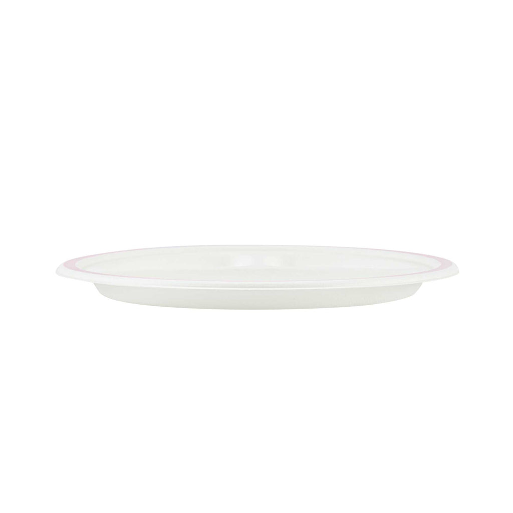 Pulp Safe No PFAS Added Round White Sugarcane/Bagasse Plate - 3 Compartments, Home Compostable, Pink Rim - 10 1/4" x 10 1/4" - 100 count box